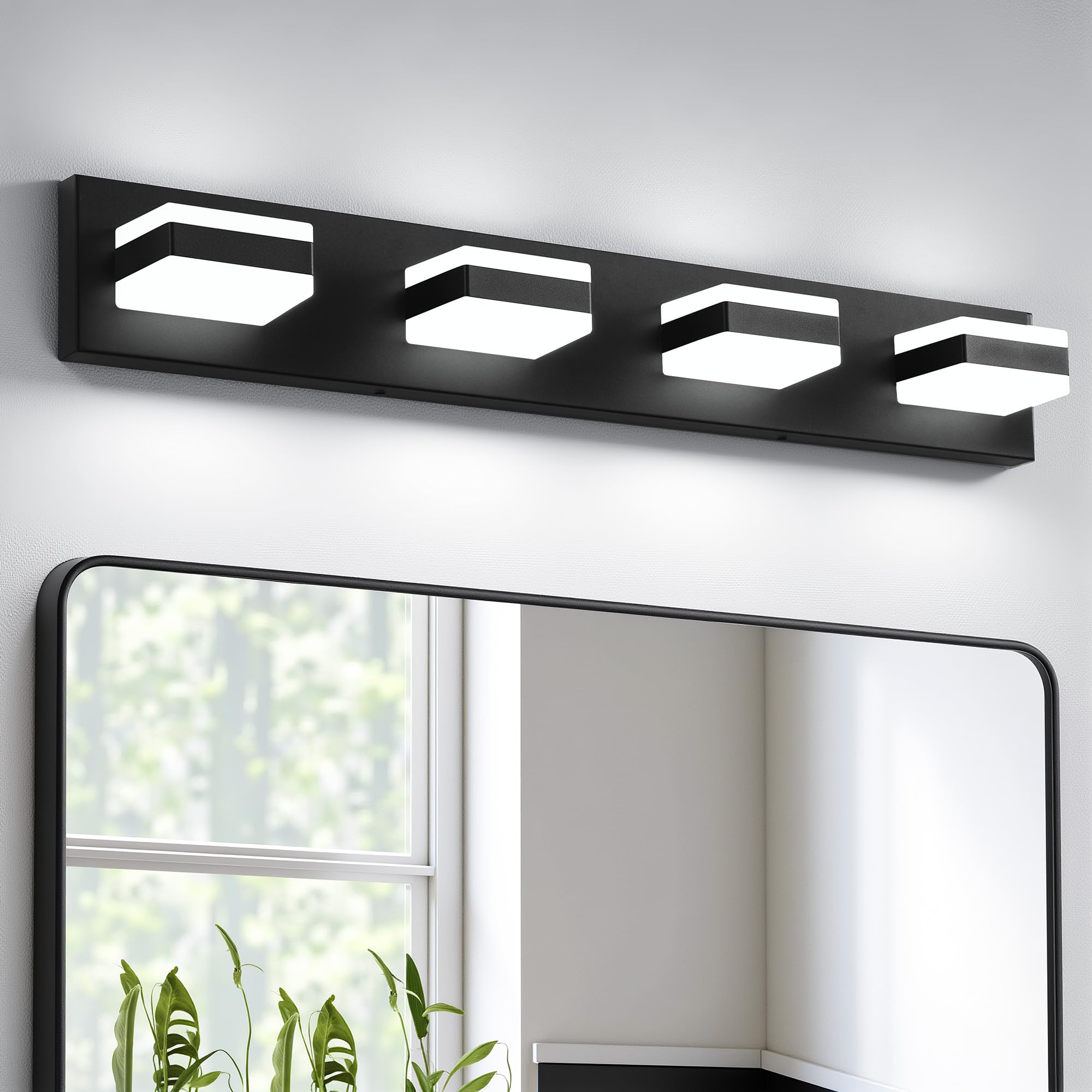 NEWSEE Bathroom Lighting Fixtures Over Mirror  4 Light Bathroom Vanity Light Fixtures with Cool White 5000K  Matte Black LED Modern Vanity Wall Lights for Bath  Dressing Room  Restroom  29.5 inch