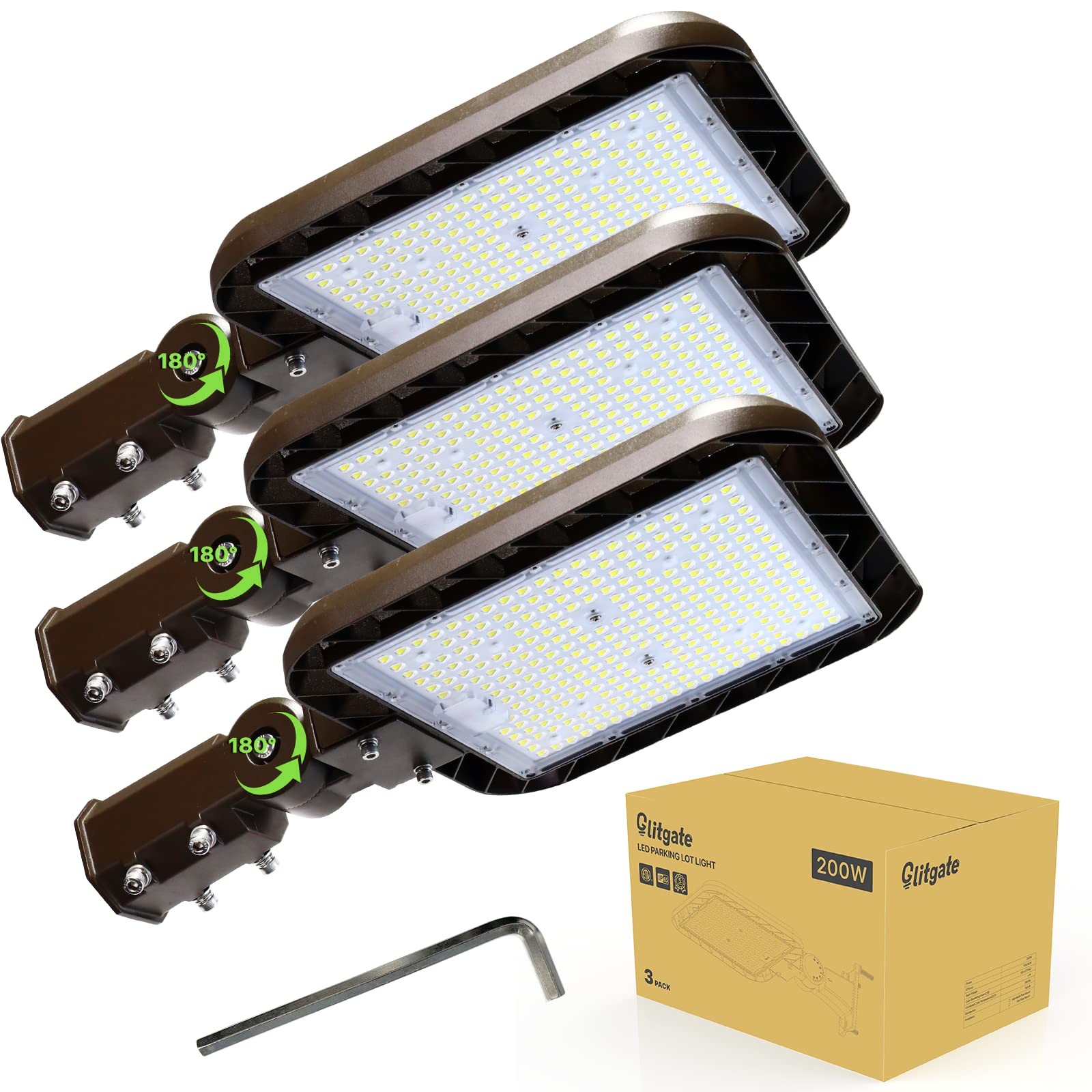 Glitgate LED Parking Lot Lights 200W 30000LM Dusk to Dawn Photocell Street Light Adjustable Slip Fitter Mount IP65 Waterproof Commercial Area Lighting for Parking Lot Street, Roadway 3 Pack