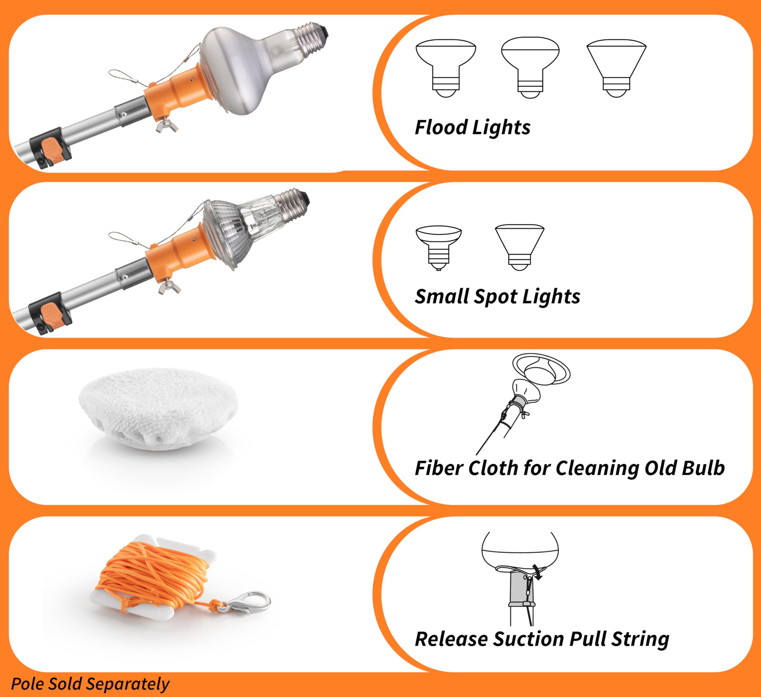 Light Bulb Changer Attachment Kit // High Reach Light Bulb Changer Grabber Fits All Extension Poles With Standard Acme Thread //
