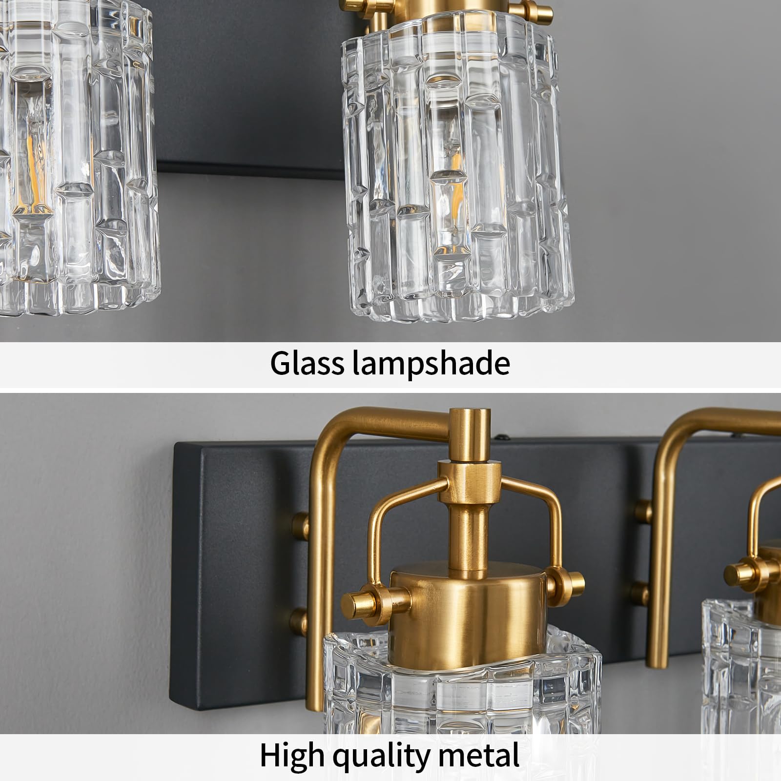 BNHHLZ Modern 2-Light Vanity Light - Black Gold Metal Fixtures, Model 4132, Crystal Glass Shade for Bathroom Over Mirror