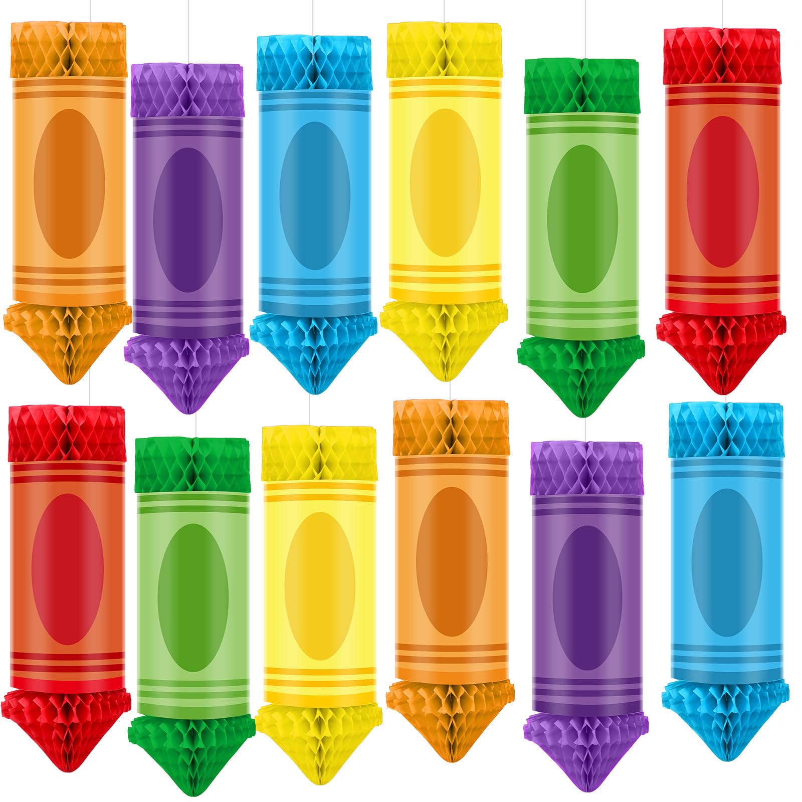 Retisee 12 Pcs Crayon Pencil Hanging Honeycomb Back To School Classroom Decorations Tissue Paper Hanging Crayon Hanging Honeycomb Ceiling Party Decorations First Day Decor(Multicolored)