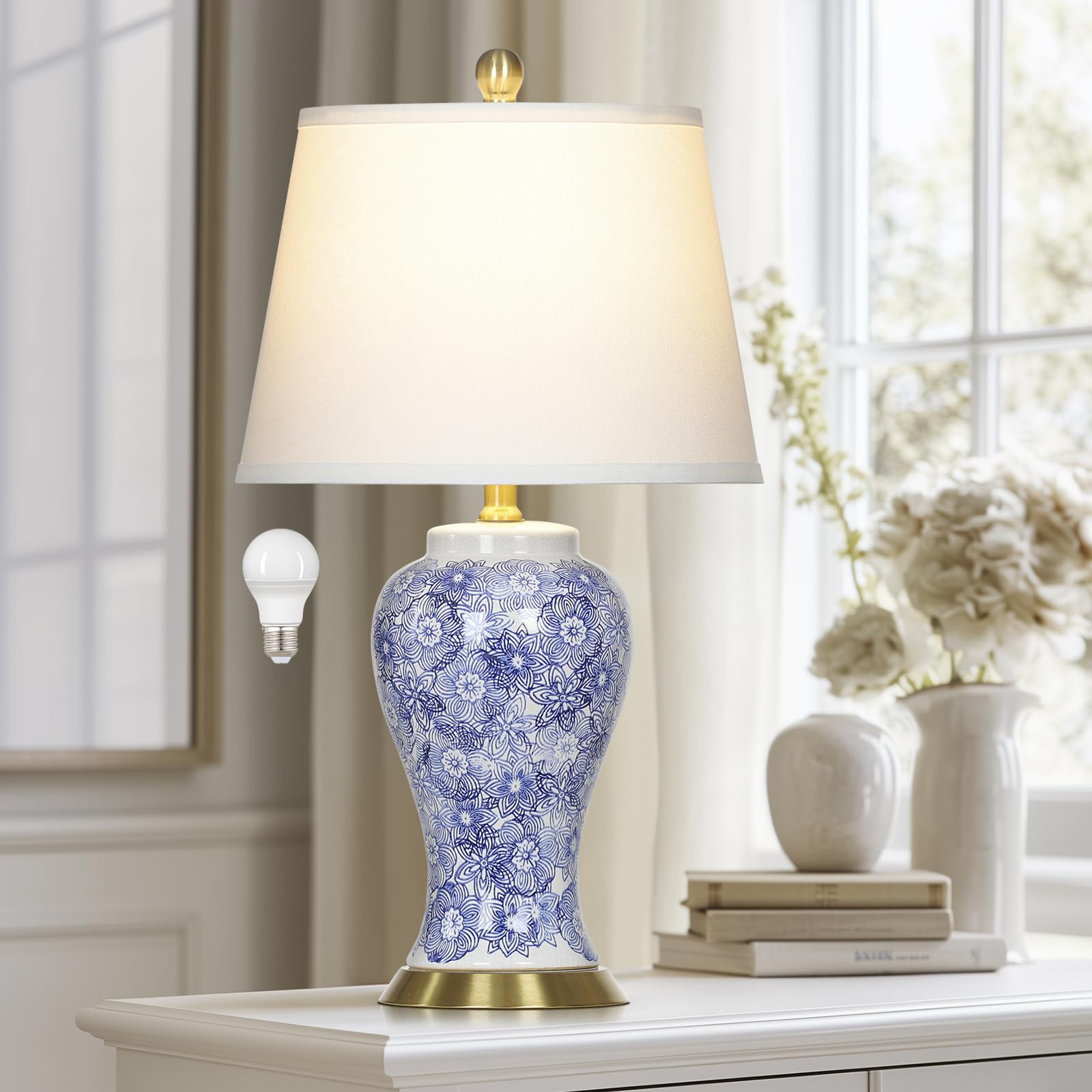 Cinkeda 25'' Blue And White Chinoiserie Ceramic Table Lamp - Elegant Ginger Jar Design For Transitional Style Living Rooms, Bedr