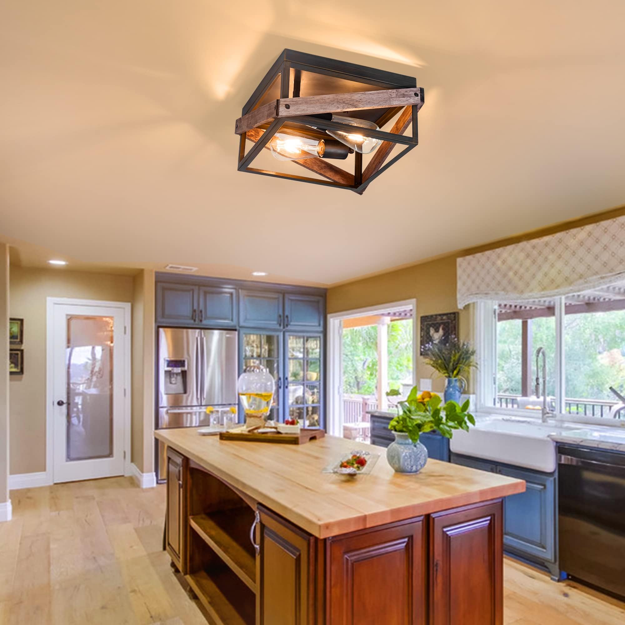 Mayna 2-Light Rustic Ceiling Light Fixture, Farmhouse Flush Mount Ceiling Light, Metal And Wood Square Ceiling Lamp For Hallway