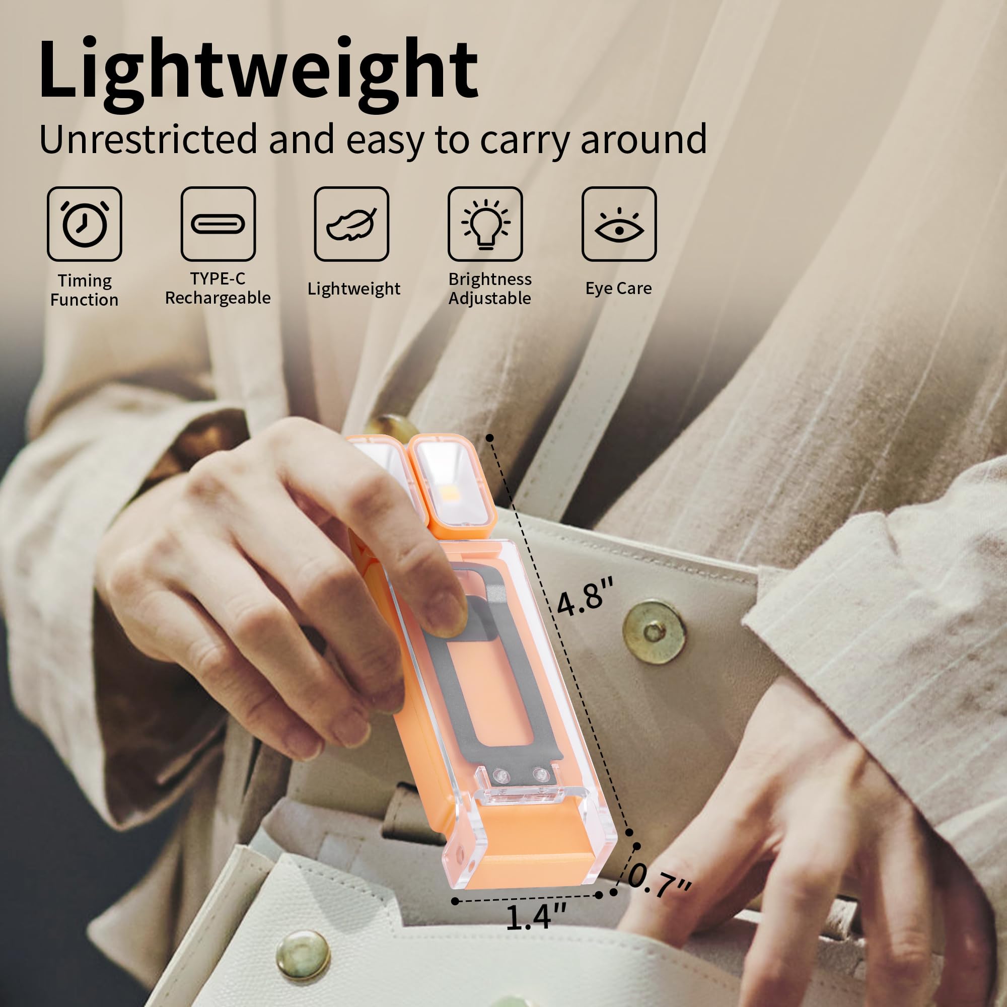 Dott Arts Dual-Head LED Bookmark Lamp - Rechargeable, 5 Colors, 6 Brightness Levels, Timer Function, Model WLM123-BLA-1W-02, Orange