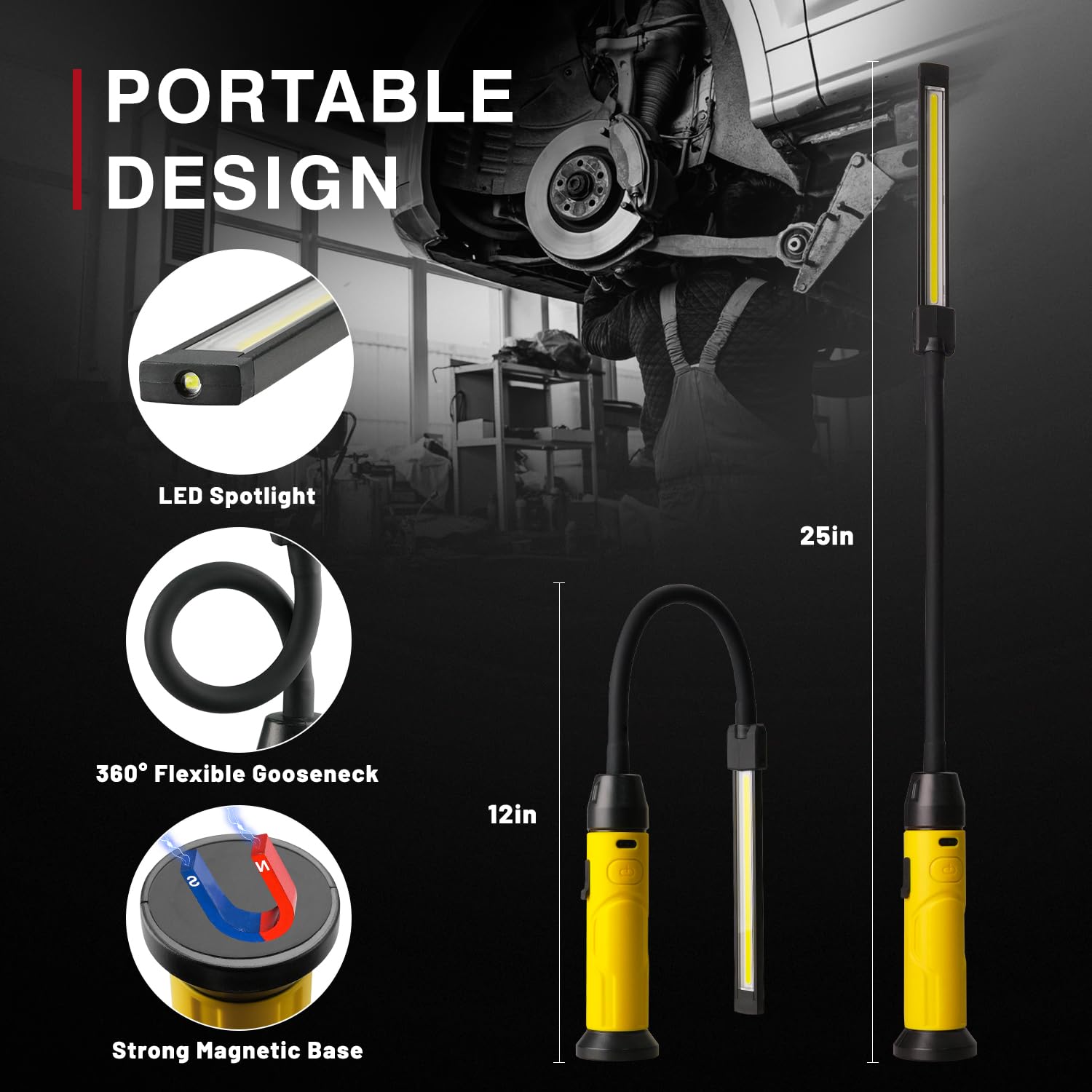 Napatyre Rechargeable LED Work Light, 1000 Lumens, 3 Modes, Magnetic Base, Black + Yellow, Model S-308