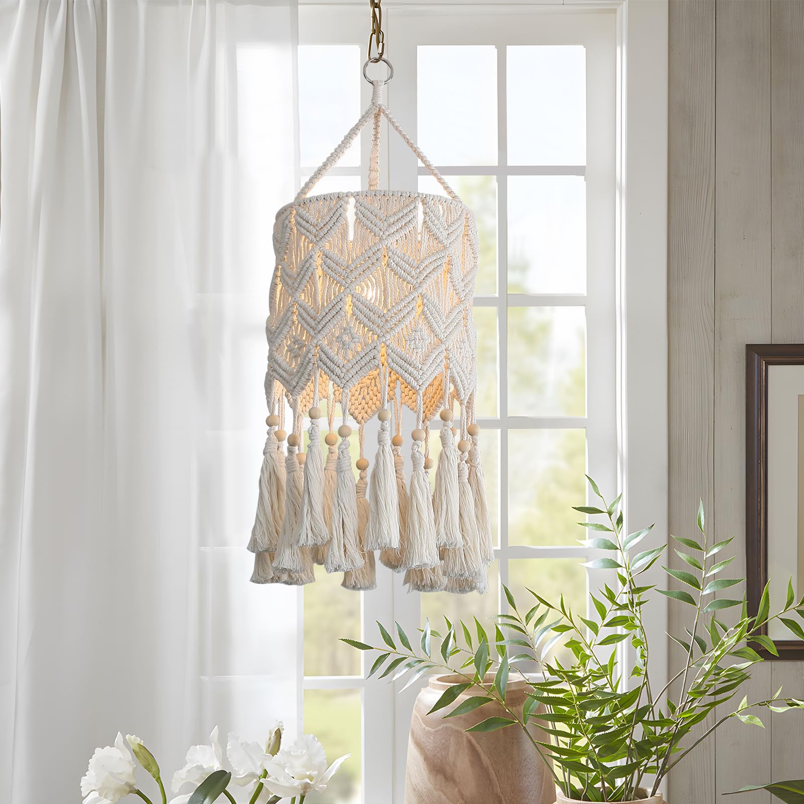 Bioaqua Macrame Pendant Light Shade, Handmade Cotton Hanging Lamp, Boho Style, Type1, Model Lamp Shade-1