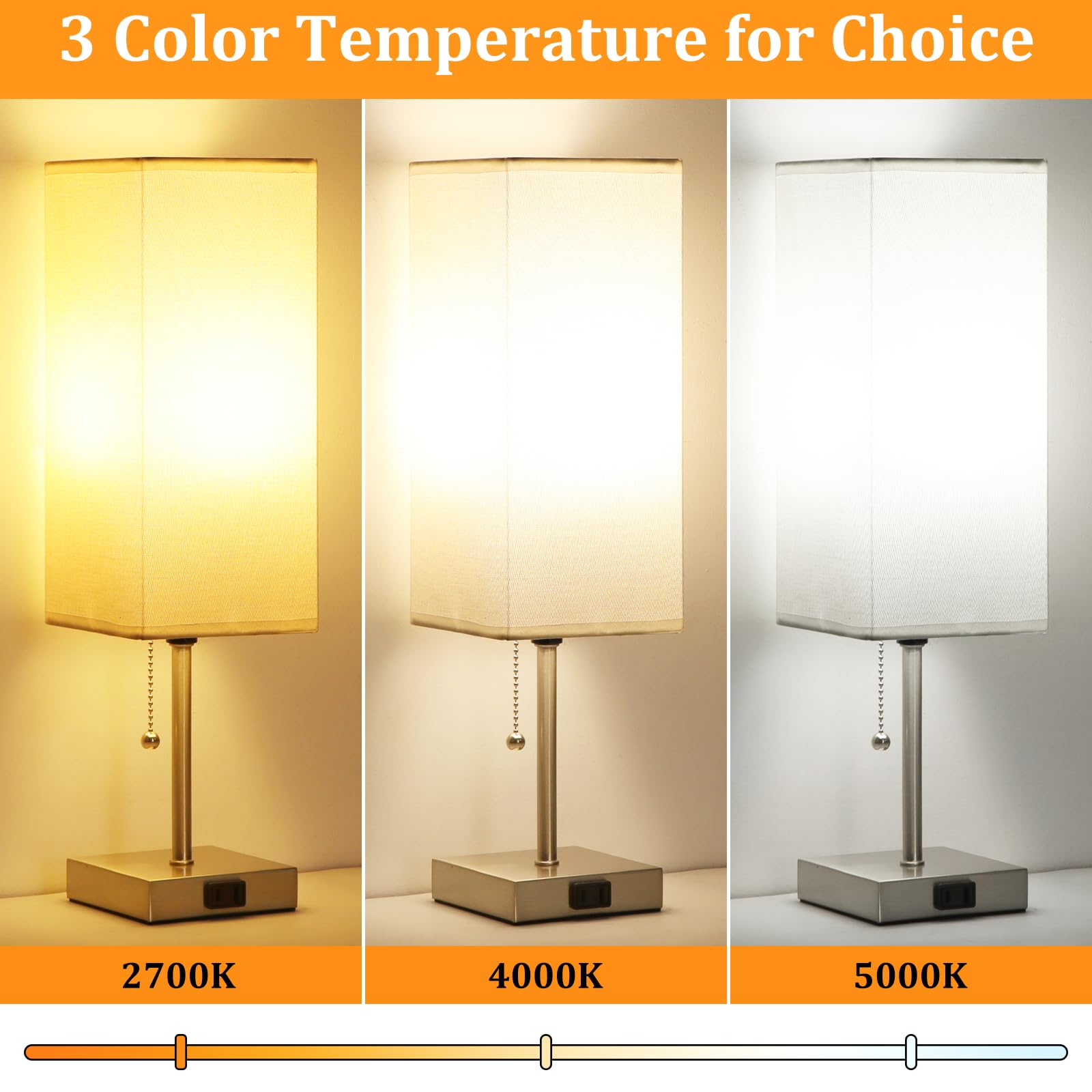 Table Lamp For Bedroom Set Of 2,3-Color Bedside Lamps With Pull Chain Table Lamps For Nightstand With Ac Outlets,18'' Night Ligh