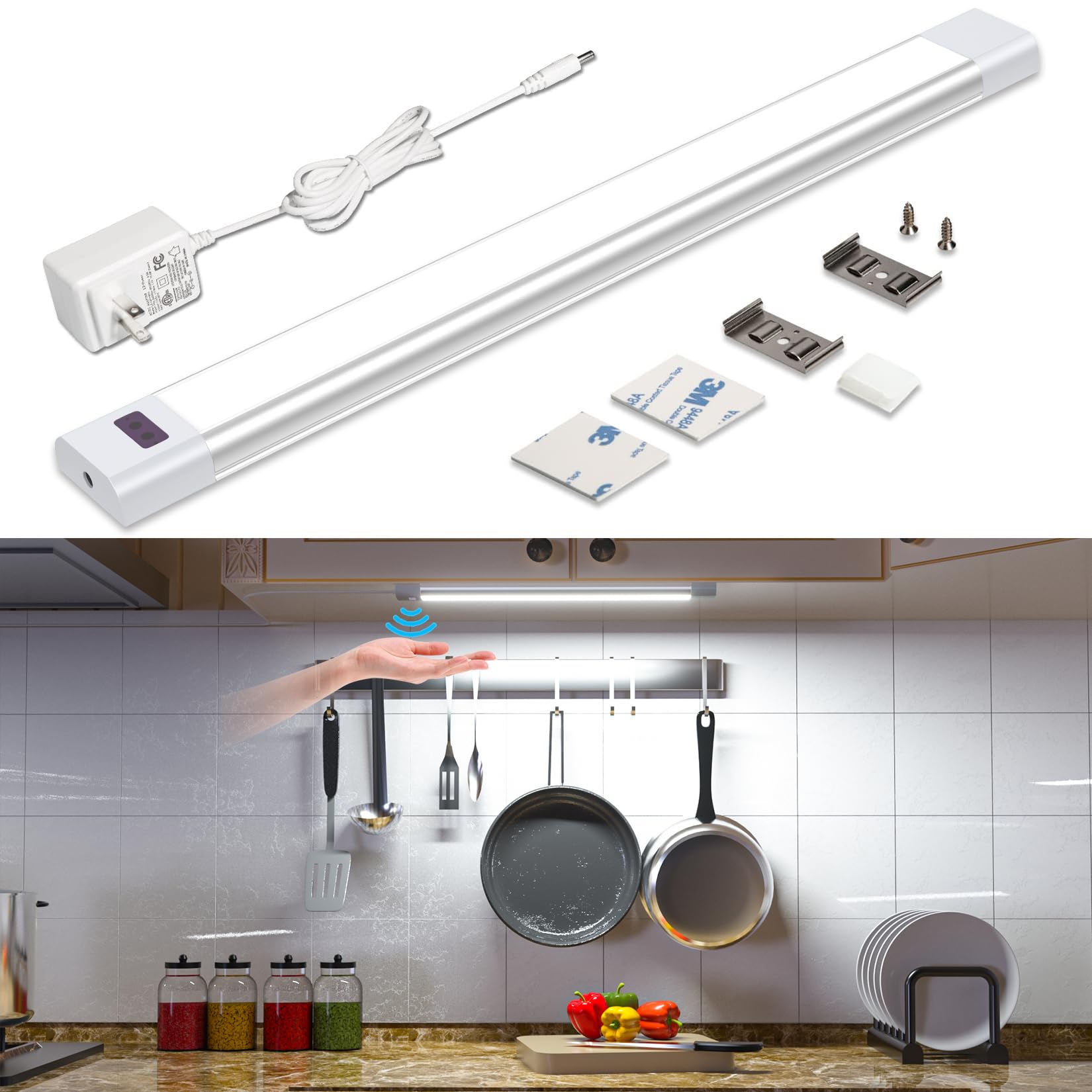 WOBANE Under Counter Lighting, 12in Dimmable LED Light Bar, Hand Wave Activated, Silver & White (6000K), Model CL15