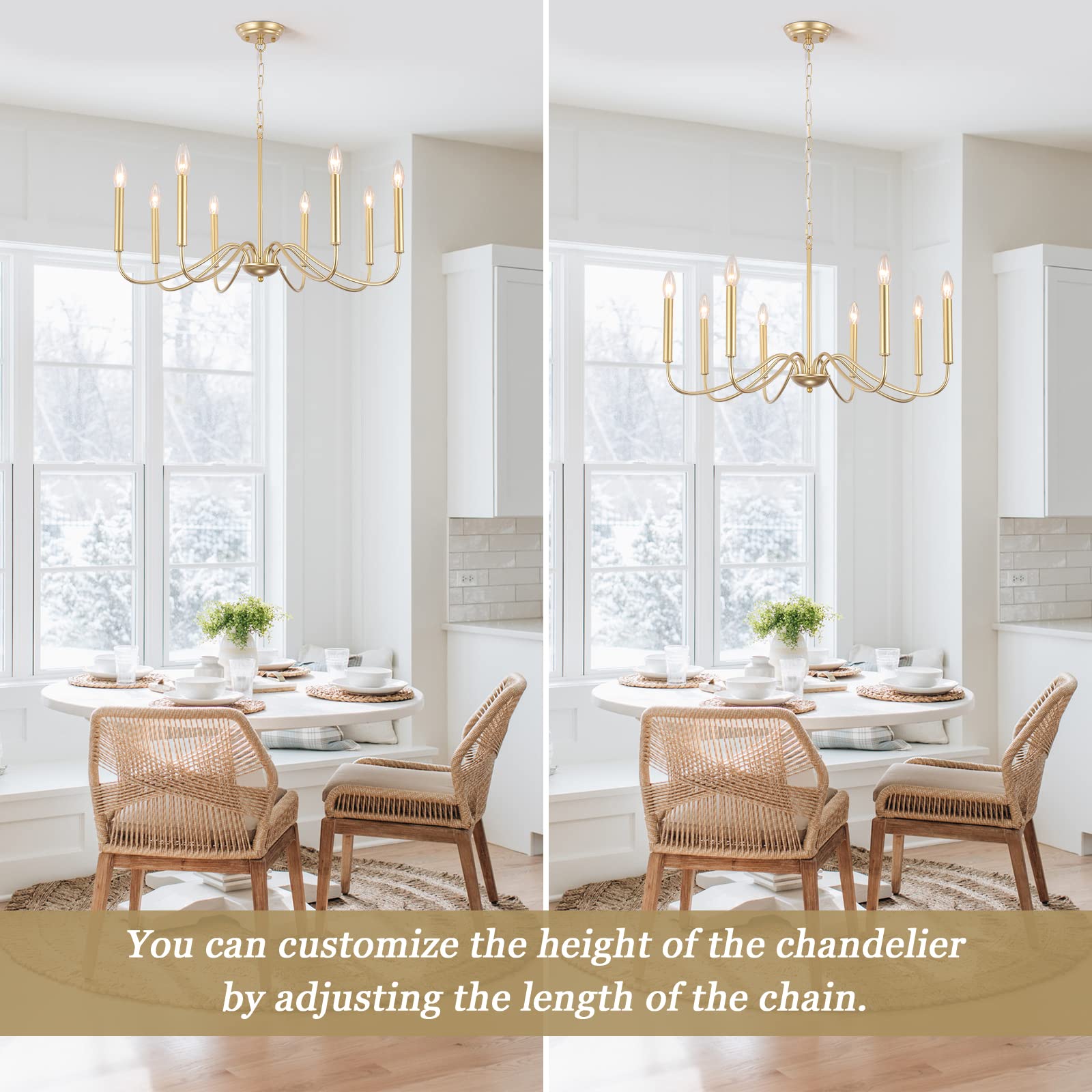 Generies Antique Gold Farmhouse Chandelier, 8 Light Rustic Lighting Fixture Modern Industrial Candle Ceiling Light For Dining Ro