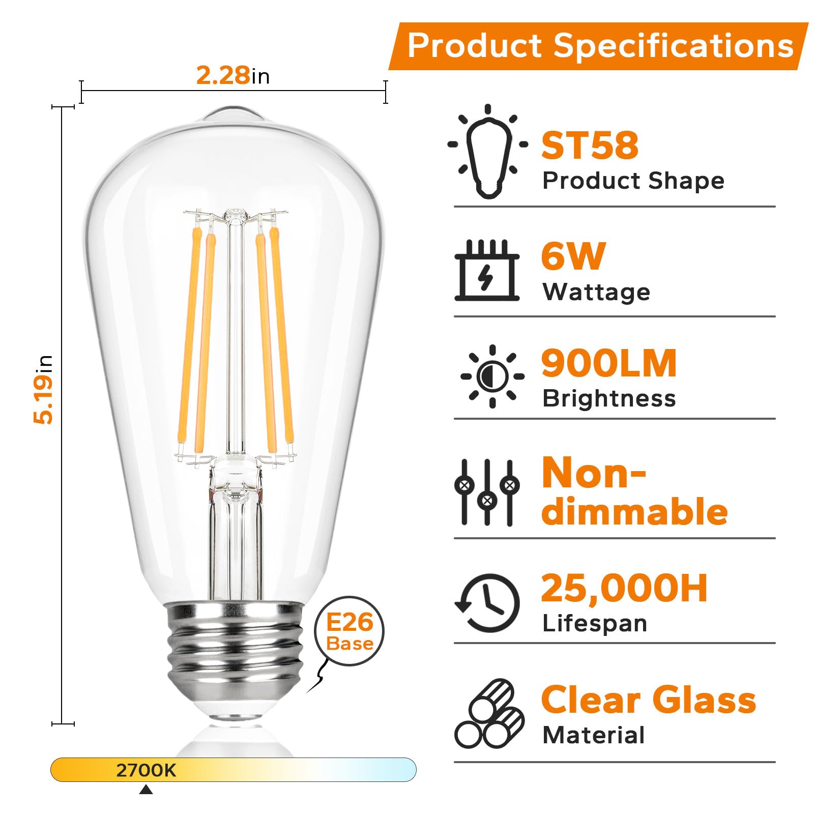 Tobusa Vintage Led Edison Light Bulbs 60W Equivalent, 900Lm Super Bright Led Bulbs, 6W St58 Antique Led Filament Bulbs, 2700K Wa