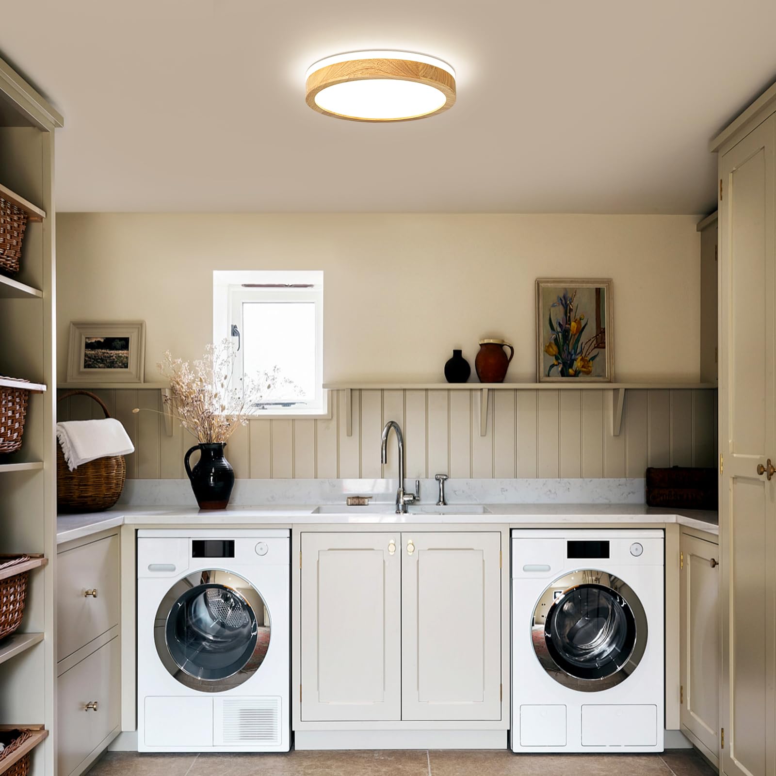 Pevfah Modern Dimmable Wood Flush Mount Ceiling Light  2700K-6000K 5Cct Round Close To Ceiling Lighting Fixtures  Minimalist Led Ceiling Lamp For Bedroom  Kitchen  Hallway  Laundry Room-11.81In