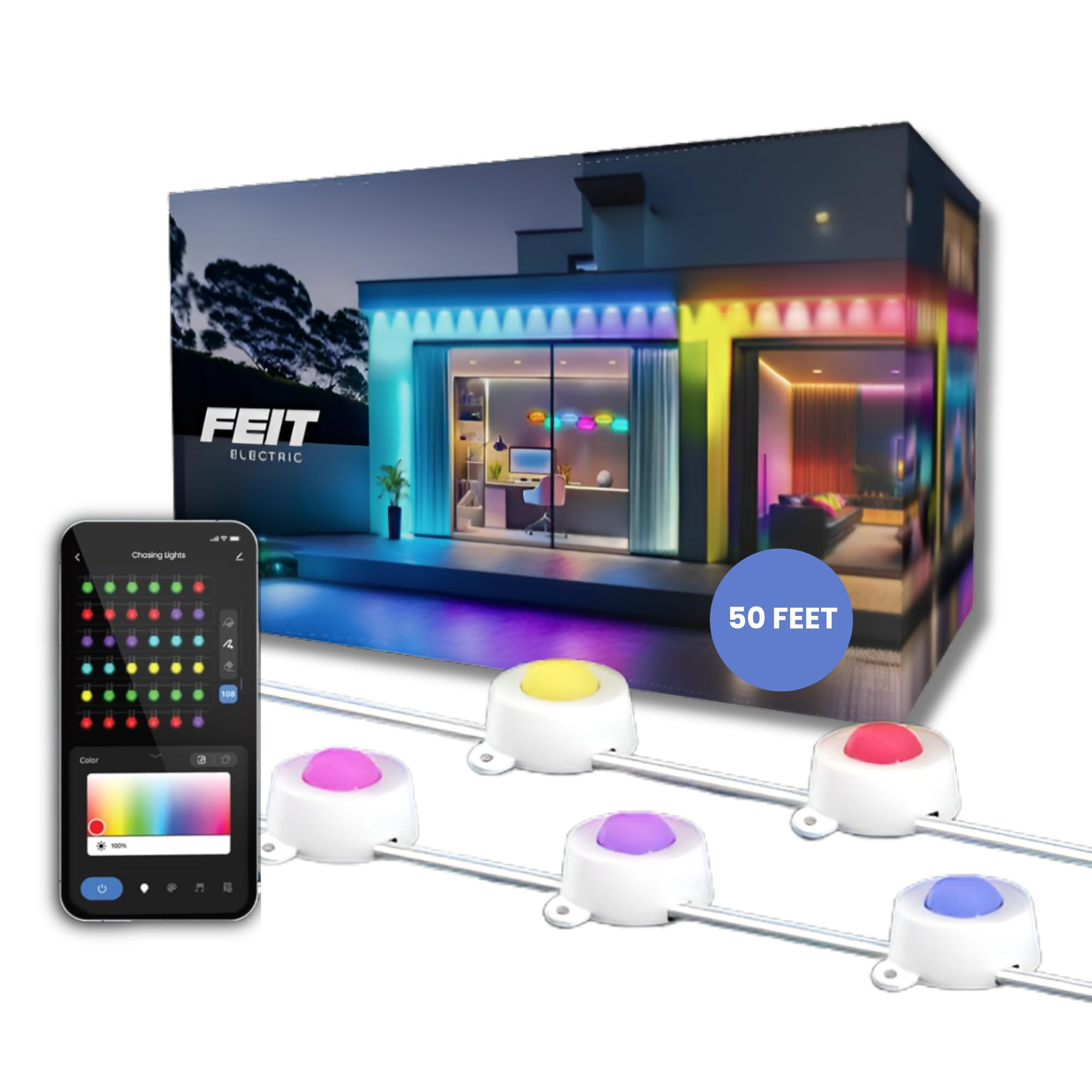 Feit Electric Permanent Outdoor Lights, Smart RGBIC String Lights, 50FT LED Christmas Lights, 2.4GHz WiFi-Enabled Under Eaves Li