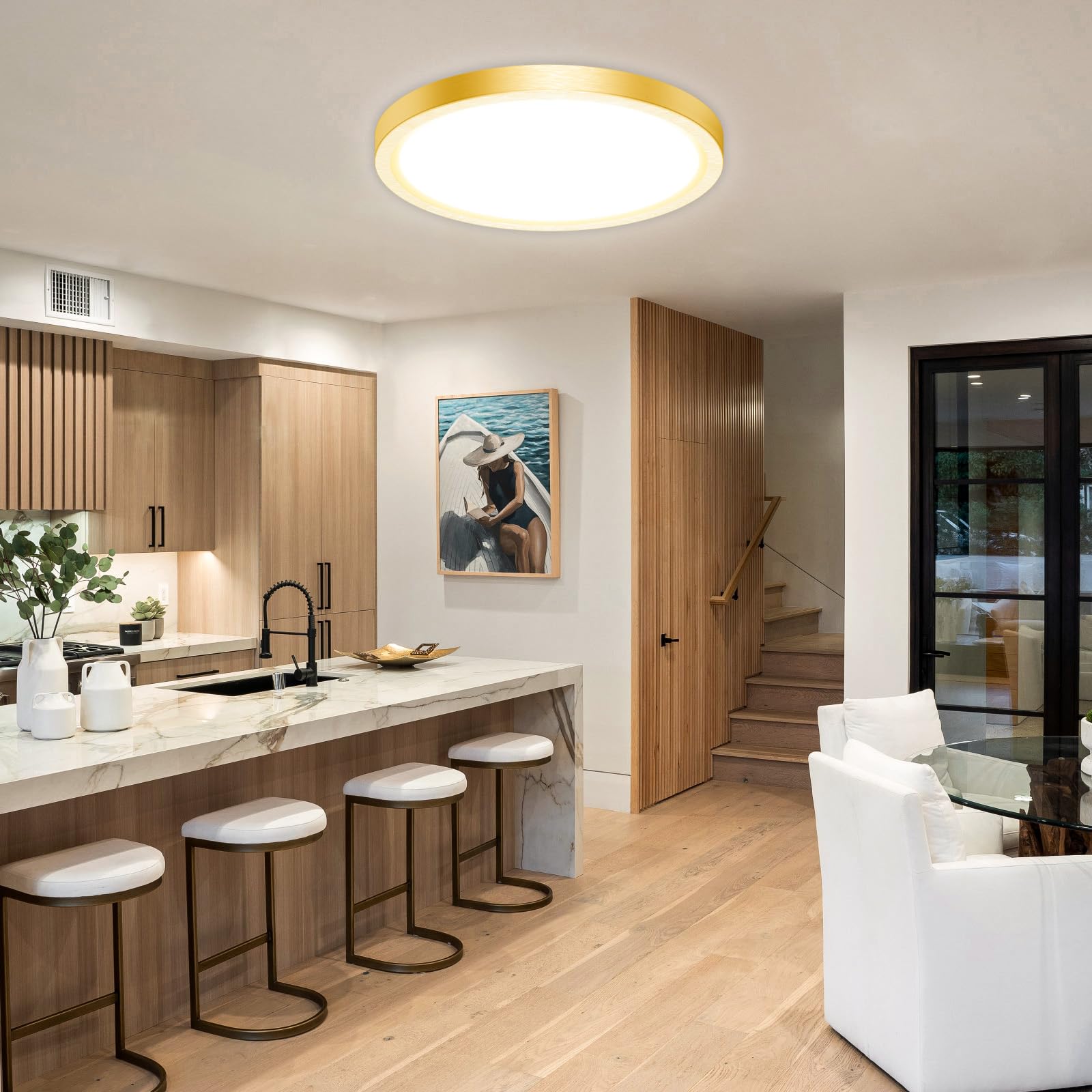 slochi LED Flush Mount Ceiling Light Fixture, 24W 3200Lm, 12 Inch, Gold, Modern Design for Kitchen, Bathroom, and Laundry