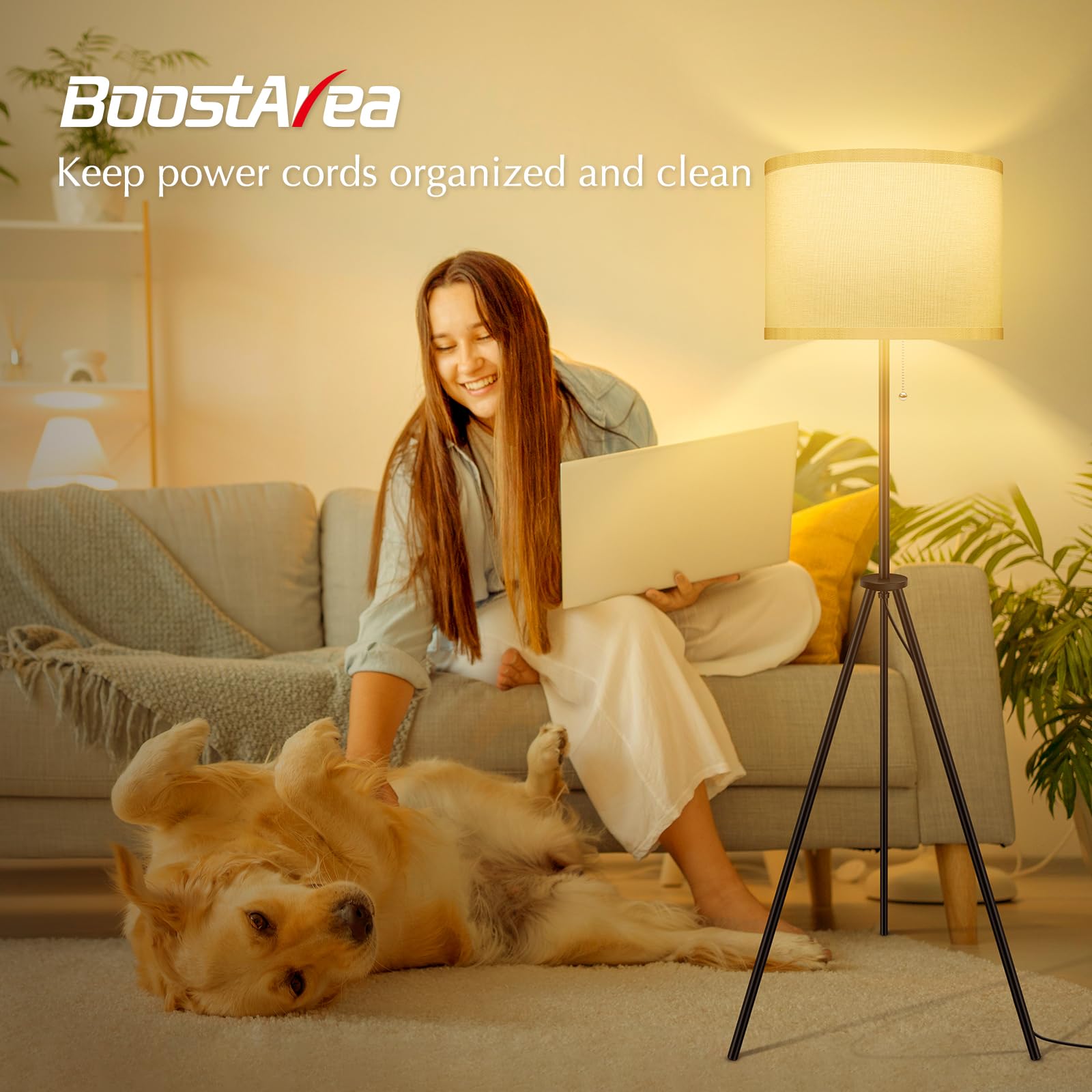 Boostarea Floor Lamp For Living Room, 59.5'' Tripod Floor Lamp, White Linen Lamp Shade, Mid Century Standing Lamp For Living Roo