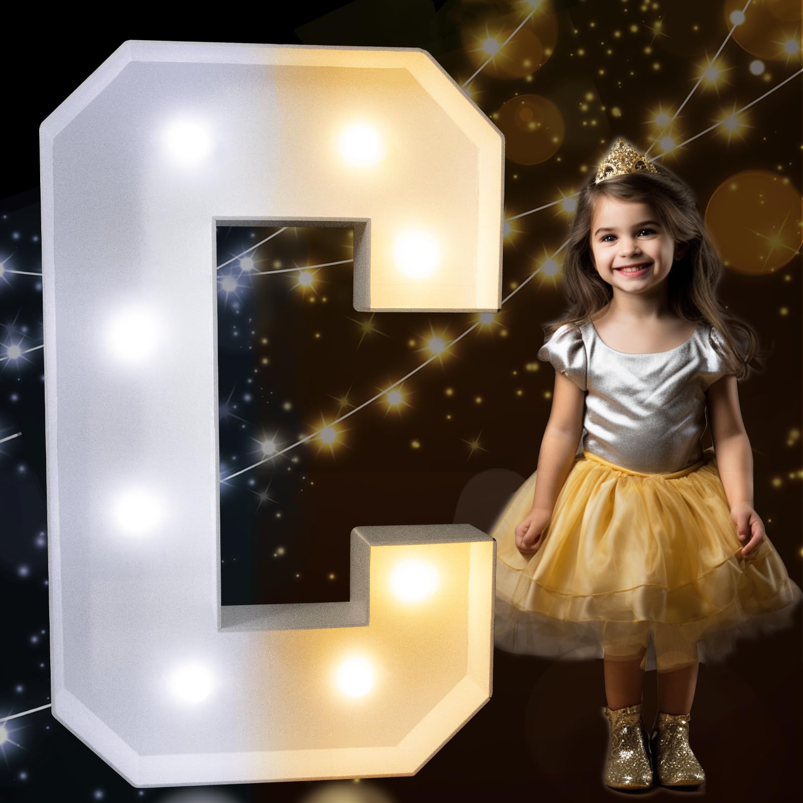 Pooqla Marquee Light Up Letter, 3FT Giant LED Decor, Cool White & Warm White, Plastic, Model 3FT-FXDJ 2W-C, Letter C