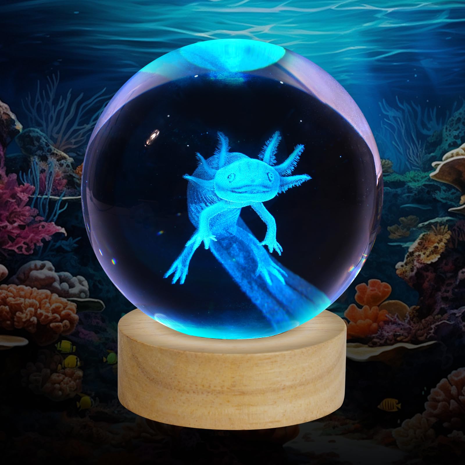 ZXBLAQ 3D Axolotl Crystal Ball Night Light, Glass, 3.15 Inch, 16 Color LED, Wooden Base, Axolotl-1
