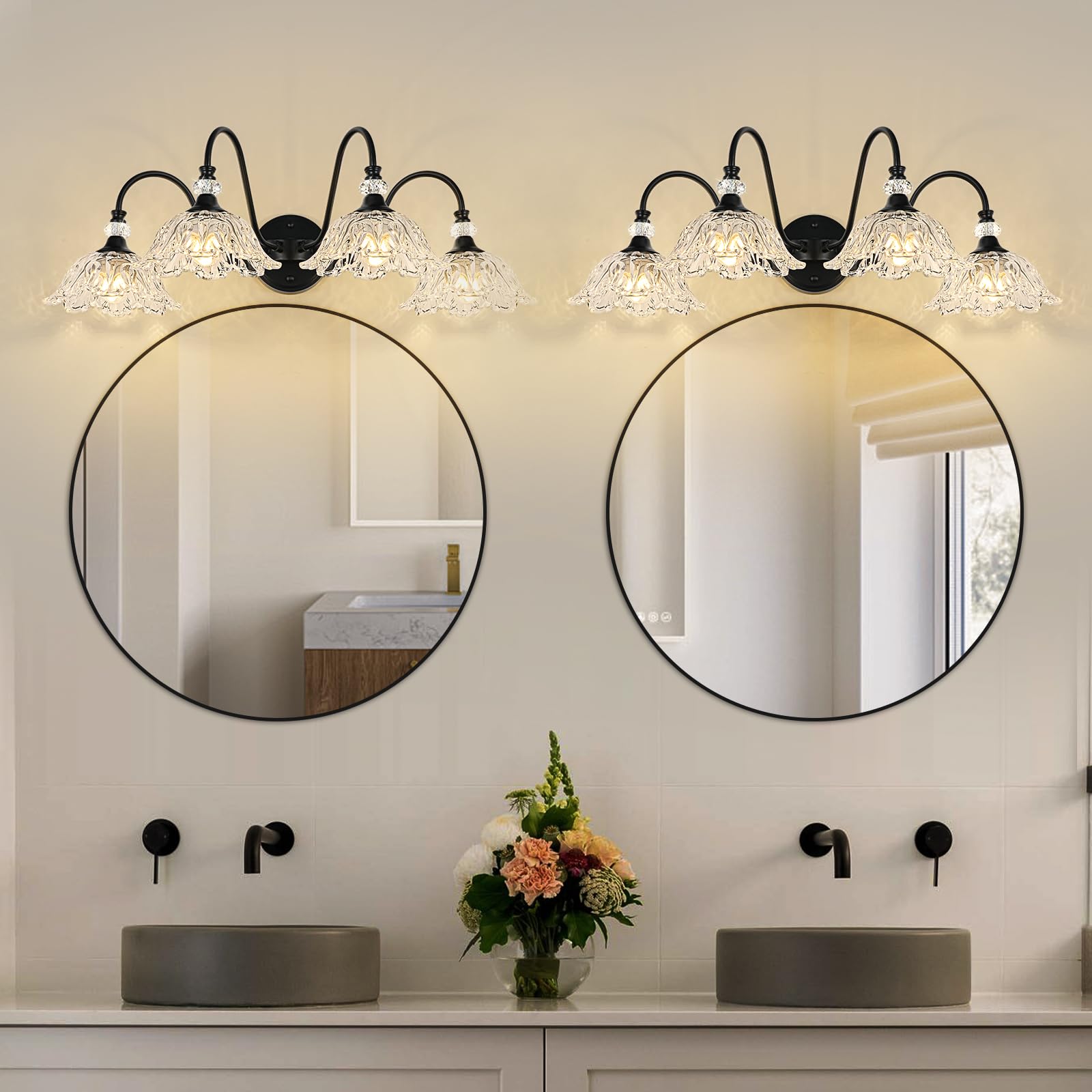 Sunkryster 4-Light Bathroom Vanity Light, Matte Black, Floral Clear Glass Shades, Model Sun-104AB-Black-4