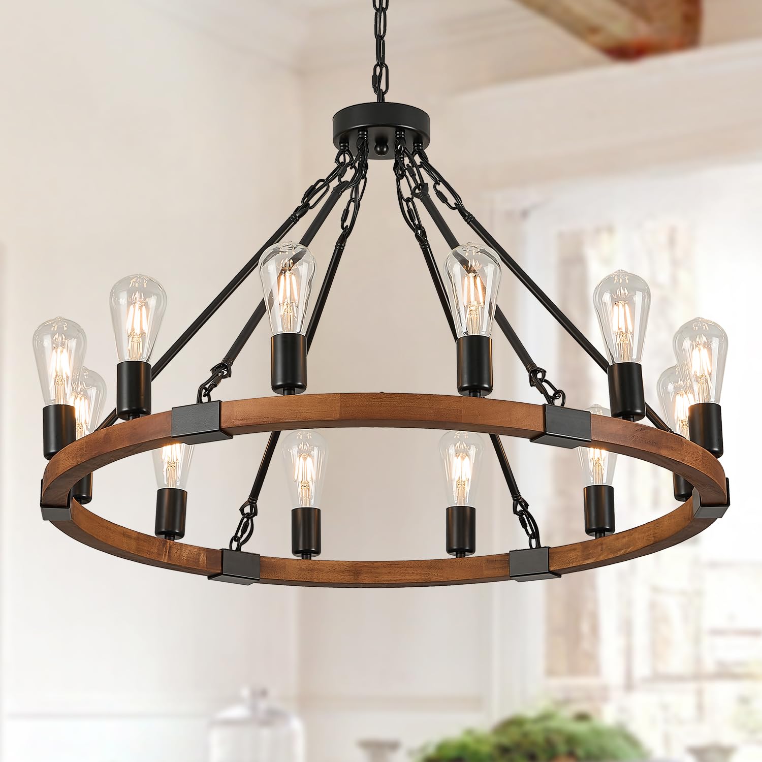 Poemoon 31.5 Wooden Wagon Wheel Chandelier Farmhouse 12 Lights Wood Round Chandelier Black Rustic Light Fixture for Living Dining Room Entryway Foyer Kitchen