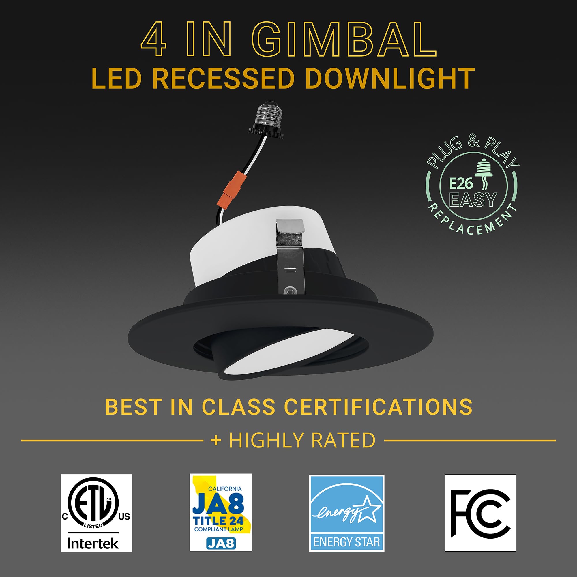 Nuwatt Black 4 Inch Gimbal Retrofit Led Recessed Lighting, 5Cct Selectable 2700K/3000K/3500K/4000K/5000K, High Brightness 750 Lm, 10W, Adjustable Sloped Ceiling Light, Dimmable Eyeball Lights, 6 Pack
