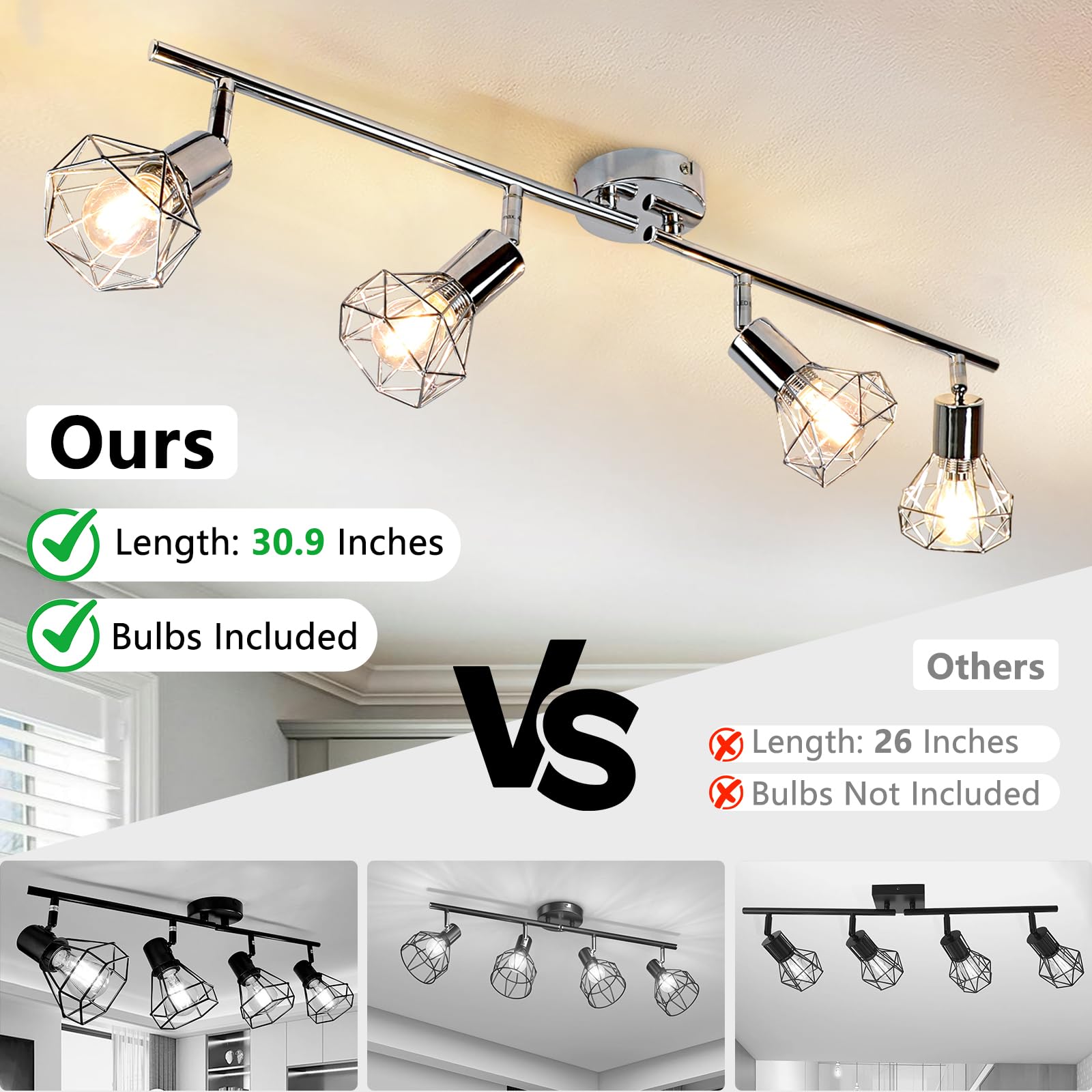 DINGLILIGHTING 4 Lights Track Lighting Kit, Modern Metal Flush Mount Lamp, Adjustable Head, E12 Bulb Included, Model WS-FNG41-40B, 4-Light-M