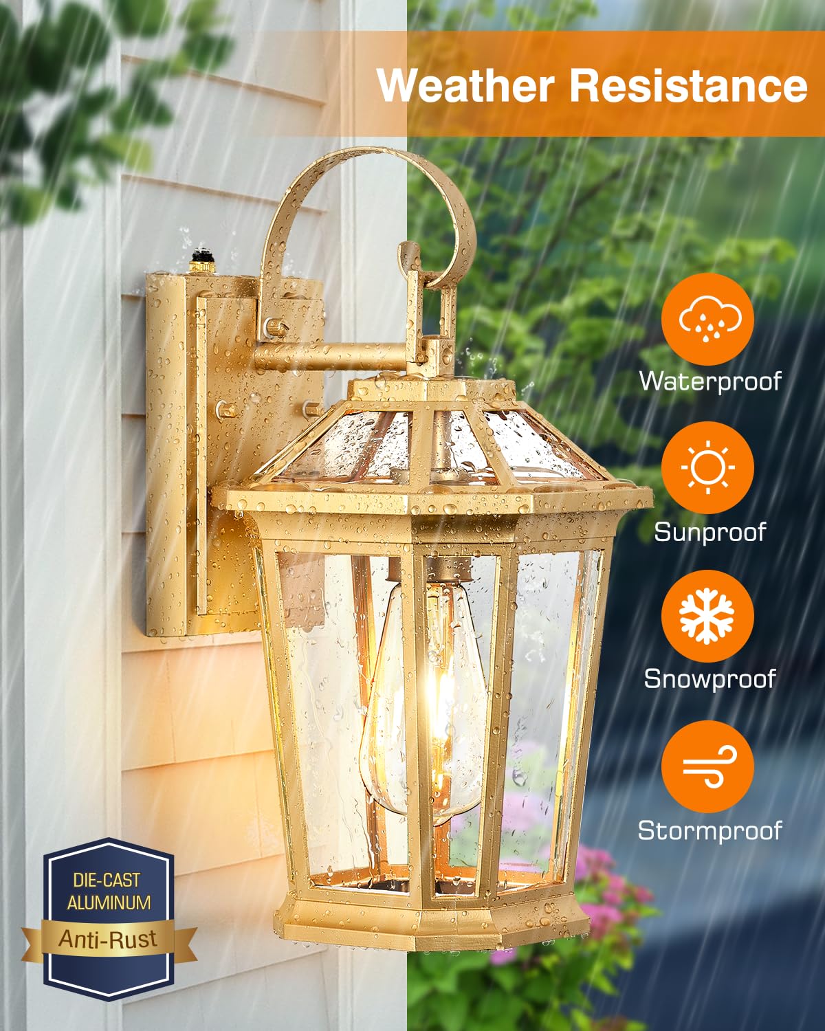 VIANIS Outdoor Wall Lanterns, Modern Gold Aluminum Light Fixtures, 2-Pack, Waterproof, Wall Mount Sconces for Patio and House