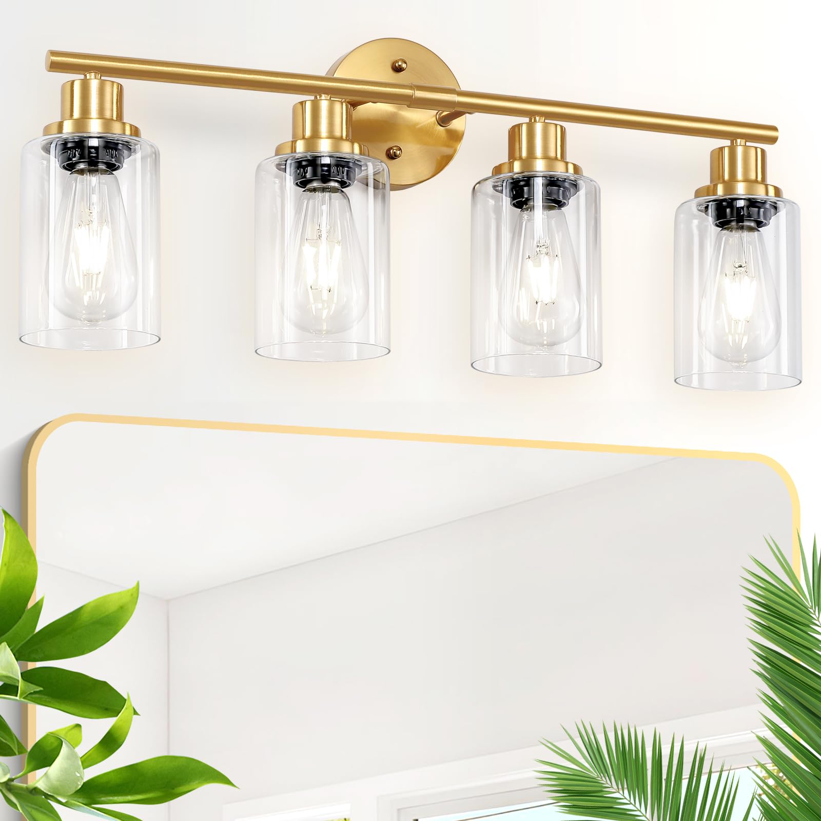 Guliaofo 4-Light Gold Bathroom Vanity Light Fixture, E26 Modern Metal Wall Sconce with Clear Glass Shade, Model Gu-111-QGJ-4