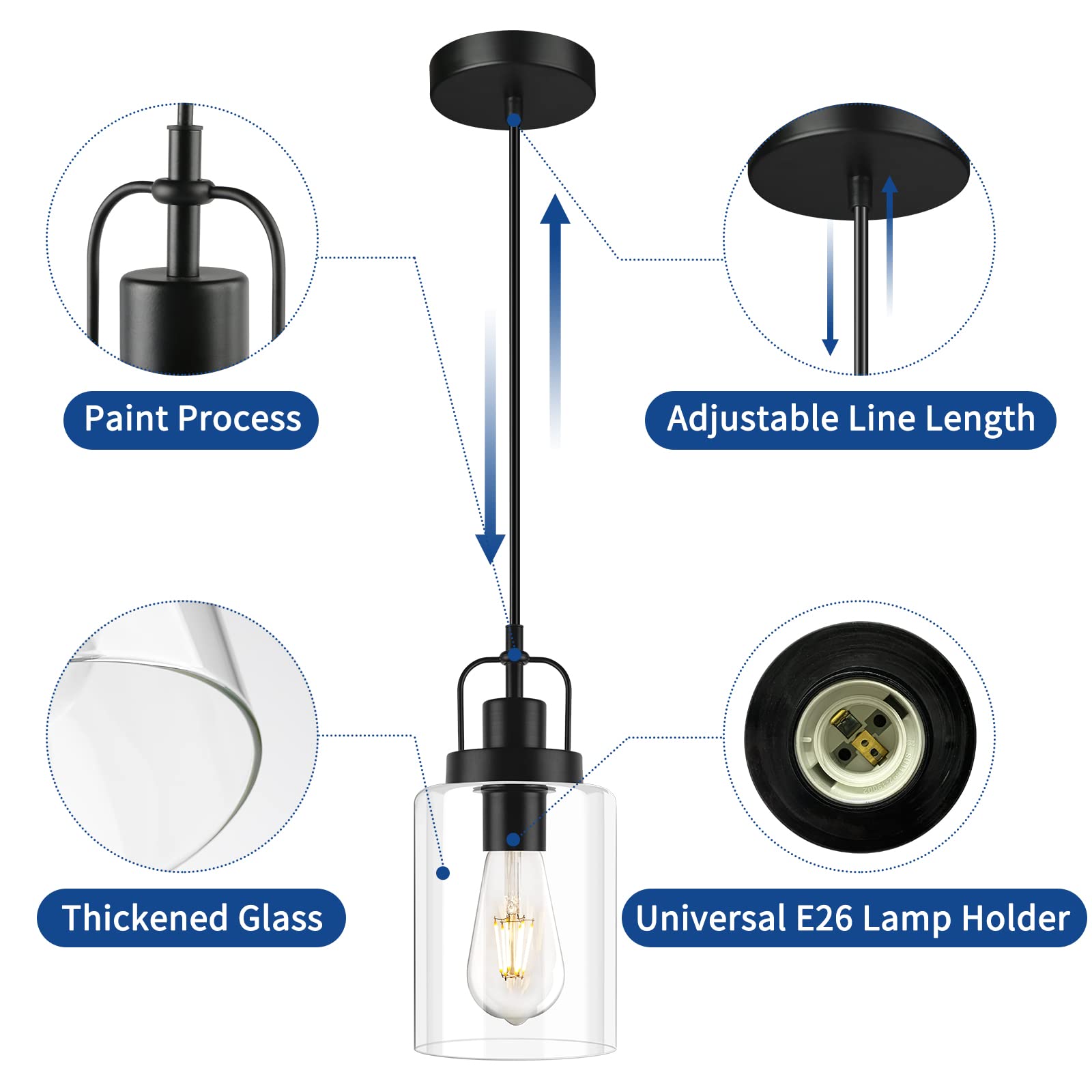 Seable Pendant Light Kitchen Island Black, Modern Pendant Light Fixture Clear Glass Cylinder Hanging Light For Kitchen Decor Din