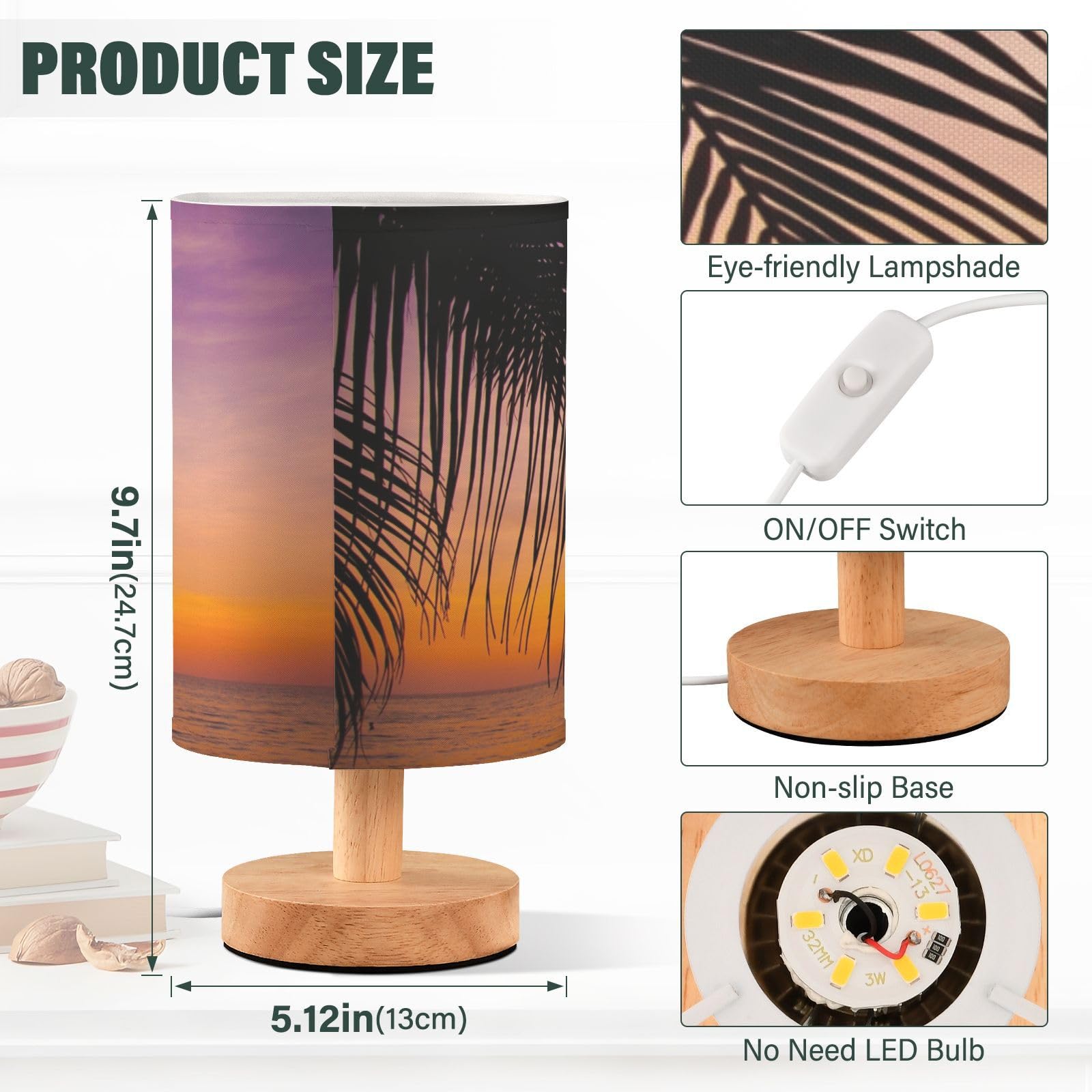 Yyzzh Table Lamp Sunset Ocean Palm Tree Tropical Summer Nightstand Lamp With Wood Base Fabric Lamp Shade Bedside Desk Lamp For L
