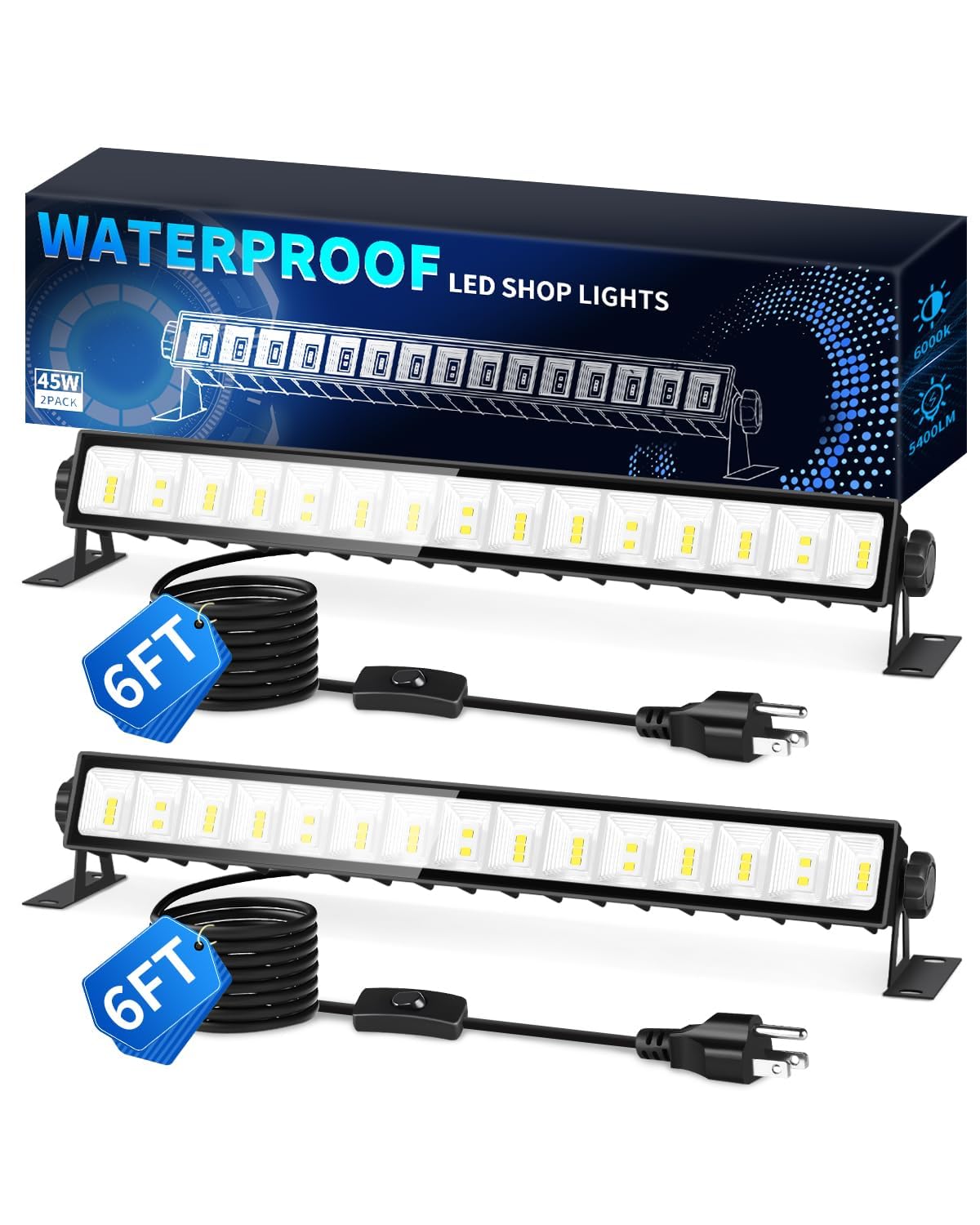THECHAM IP66 Waterproof 45W LED Shop Lights  5400LM 6000K Daylight White Garage Light with 6FT Power Cord & Switch  Plug in LED Work Light for Garage  Workshop  Warehouses  Basement  Yard  2 Pack