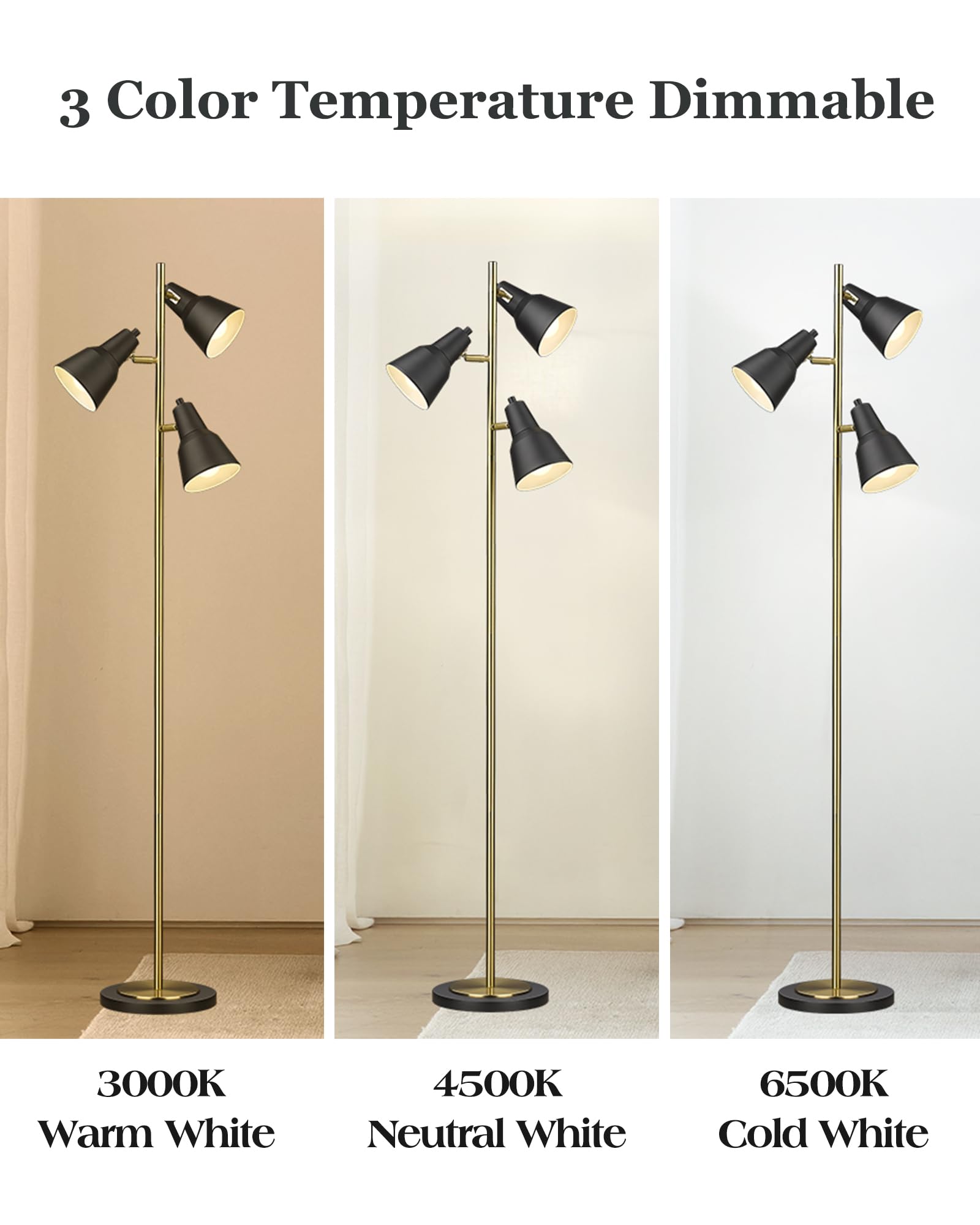 Elyona Gold Tree Floor Lamp With 3 Adjustable Rotating Lights, Industrial Tall Pole Metal Standing Lights With 3 Led Bulbs For L