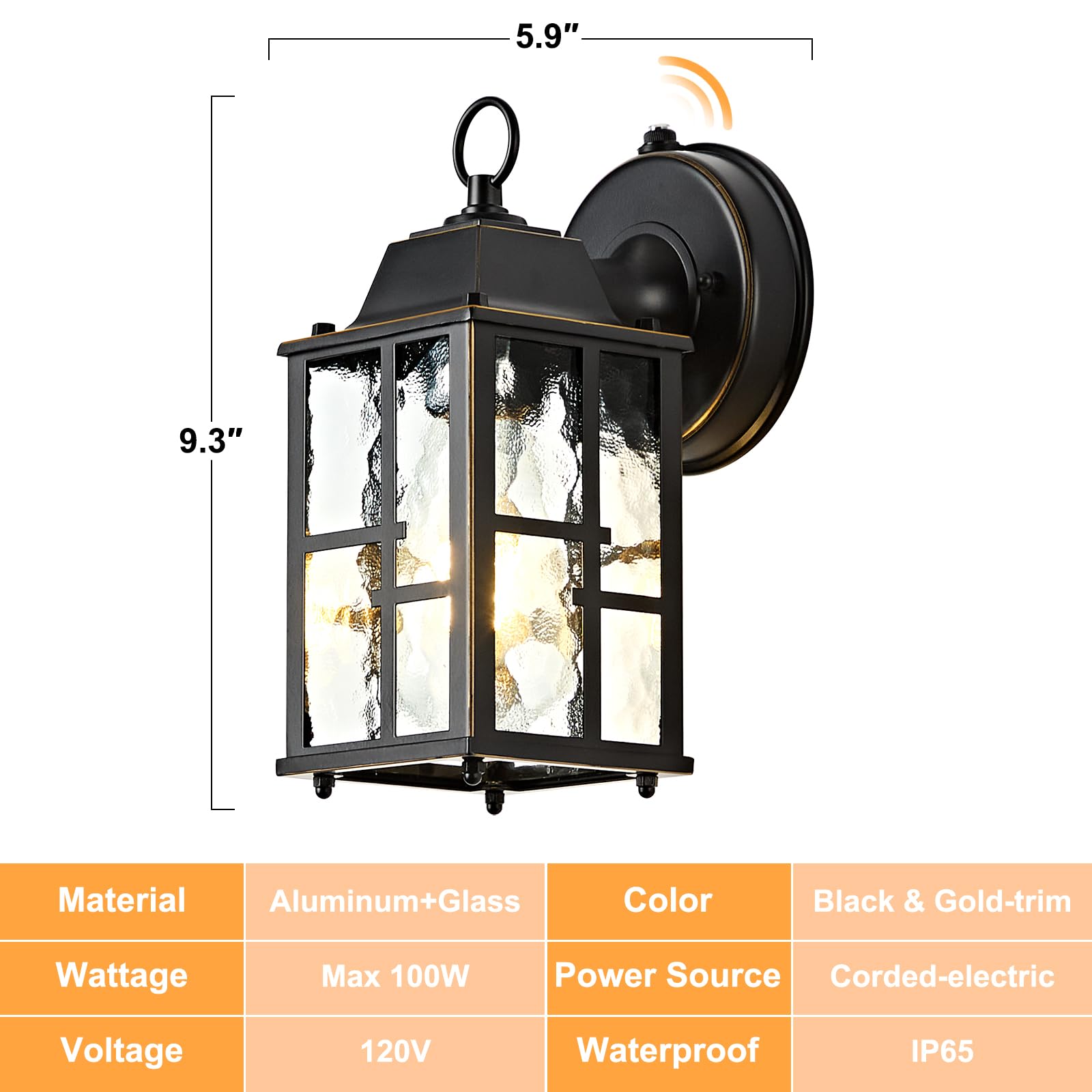 OKELI 2-Pack Dusk to Dawn Outdoor Wall Lights, Aluminum, 9.3", Weatherproof, Black & Gold-Trim, Model OK100-S2P-BG