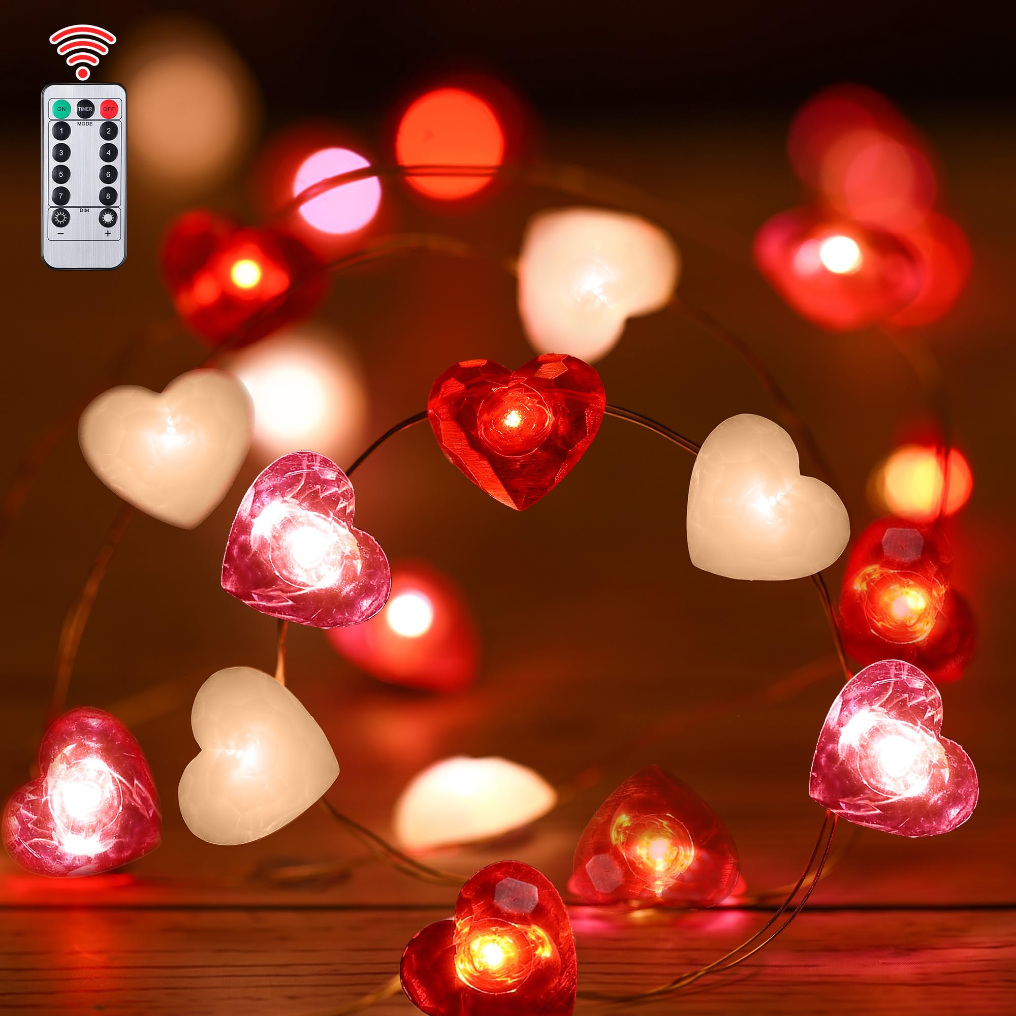 Fairy String Lights 10 Feet LED Red Pink White Heart Shaped Twinkle Fairy Lights 8 Modes Battery Operated for Valentine's Day Kids Bedroom Christmas Wedding Indoor Party Decor with Timer