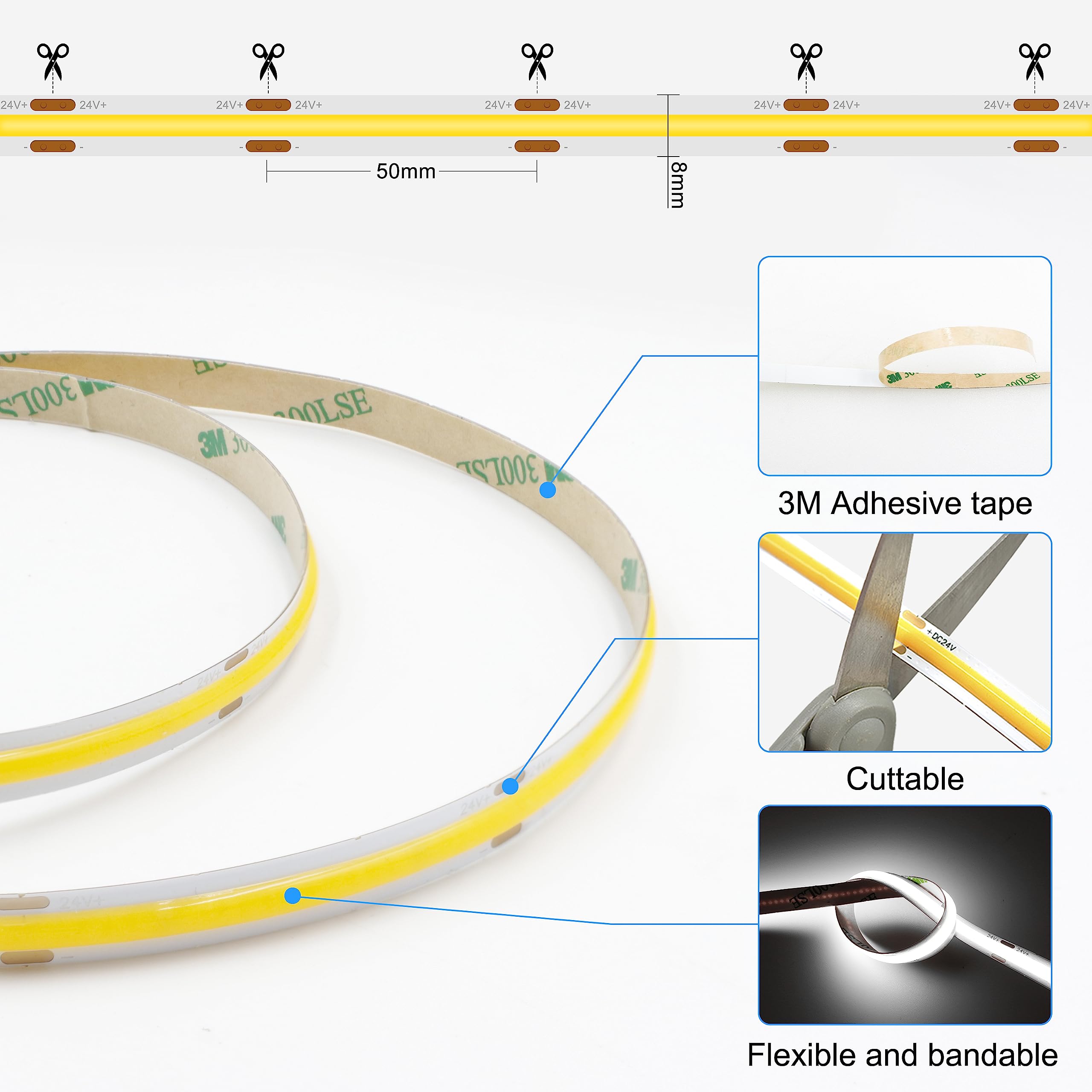 Axmotut 32.8Ft White Cob Led Strip Light, High Bright Led Strips With 320Leds, Rf Remote And Ul Power Supply, 6000K Dimmable Led