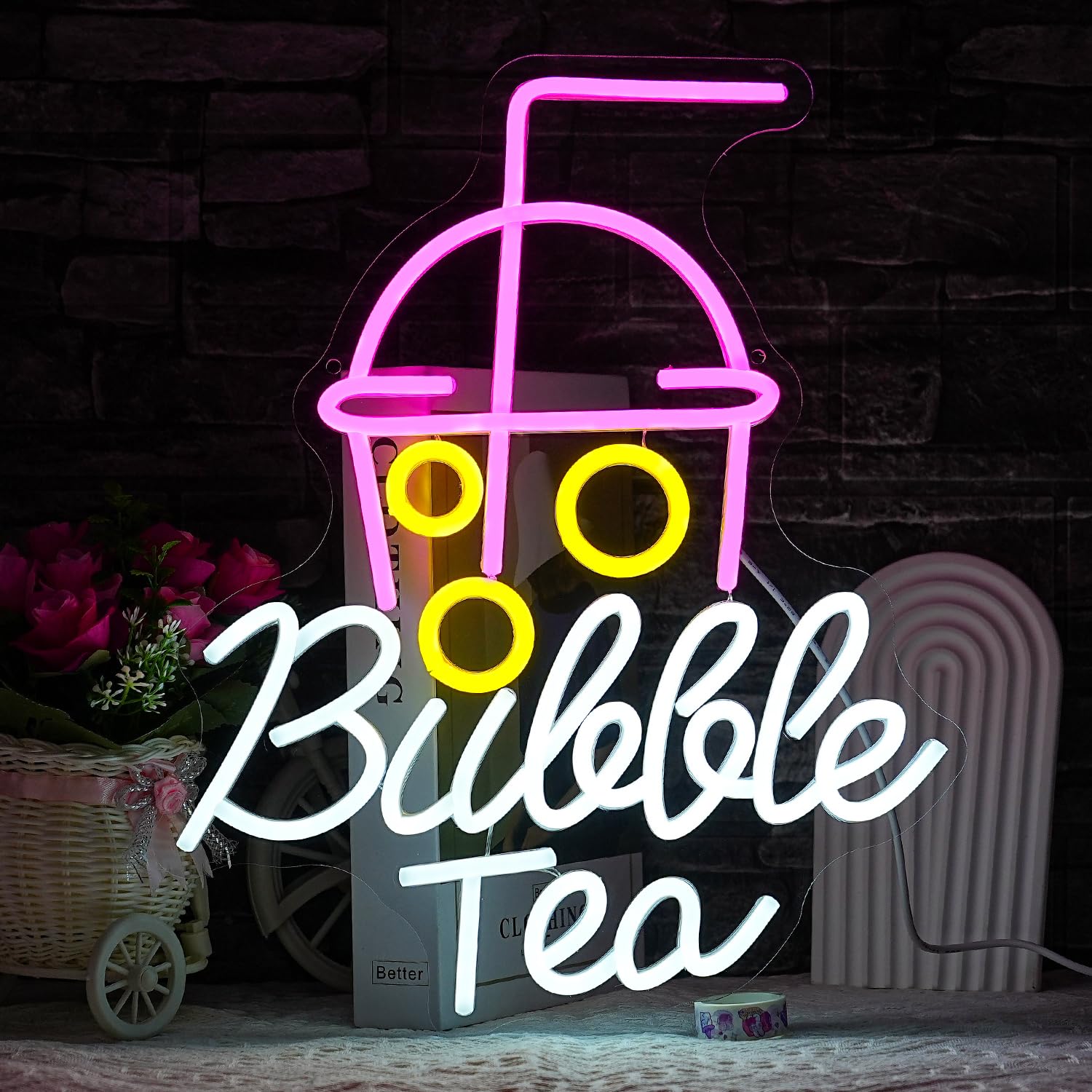 LULANMP Bubble Tea Neon Sign LED Light for Wall Decor, Acrylic, 15.7in x 12.9in, Colorful, Milk Tea Shop/Bar/Retail Display