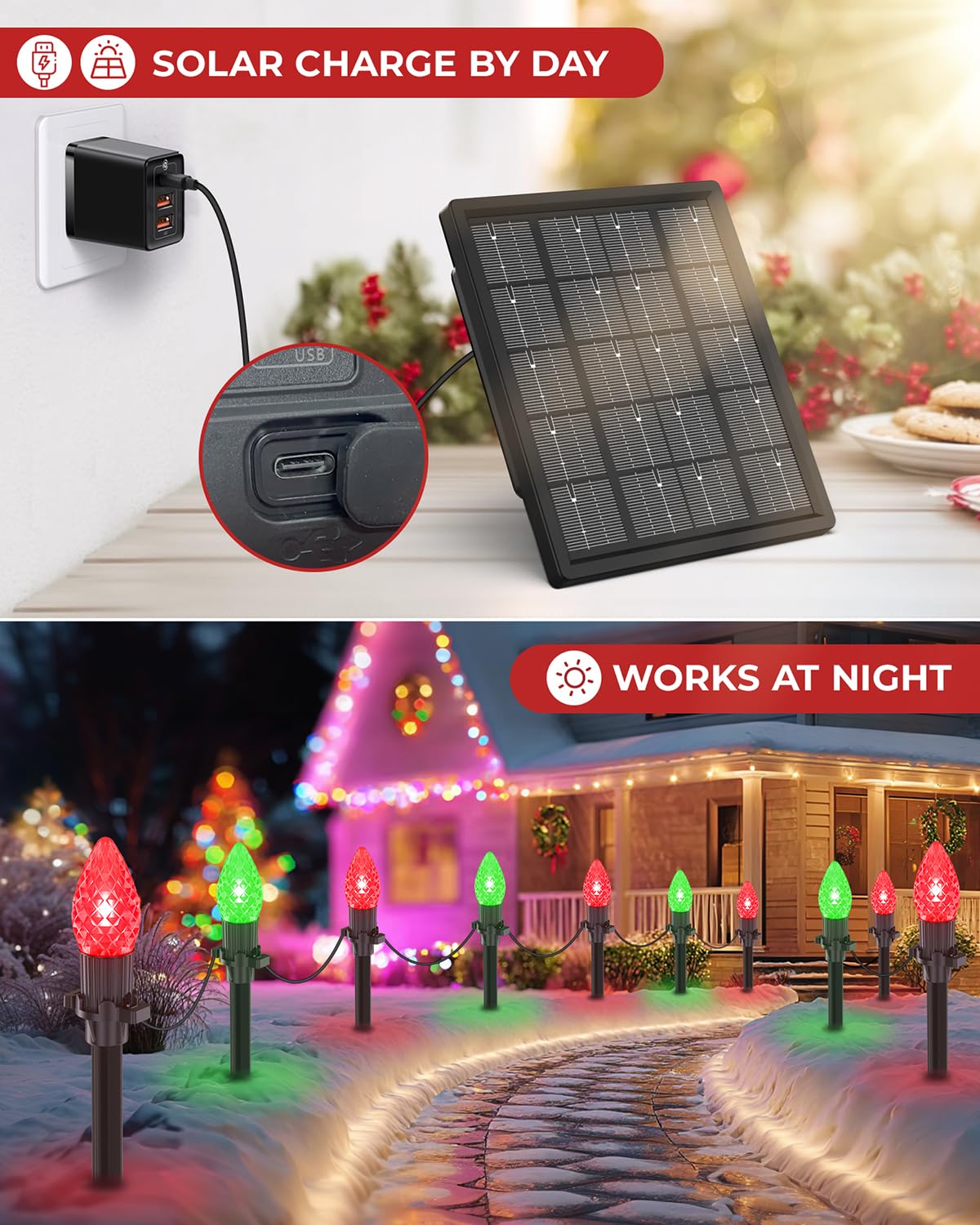 Freecube 50Ft C9 Led Solar Christmas Pathway Lights Outdoor  25 Multicolor Bulbs With 8 Modes & Timer  Waterproof Solar Christmas Stake Lights For Yard Lawn Sidewalk Driveway Outdoor Decorations