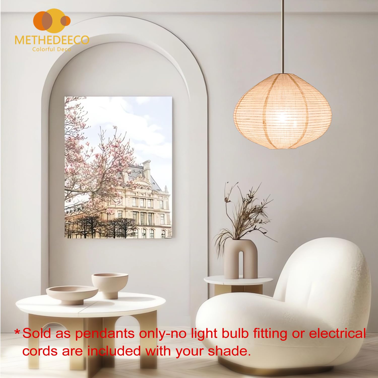 Methedeeco Hanging Fabric Lamp Shade, 16 Beige Linen Pendant Light, Minimalist Design For Bedroom, Living Room, Kitchen