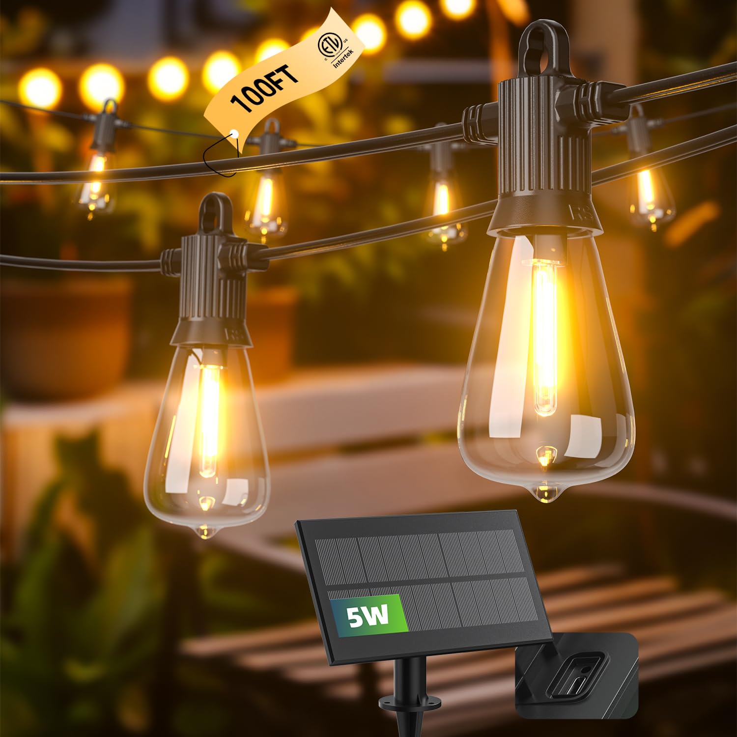 Kawaya Solar Powered String Lights - 100 FT LED, Black, IP65 Waterproof, 50+2 Shatterproof Bulbs, Model YAST38-100F