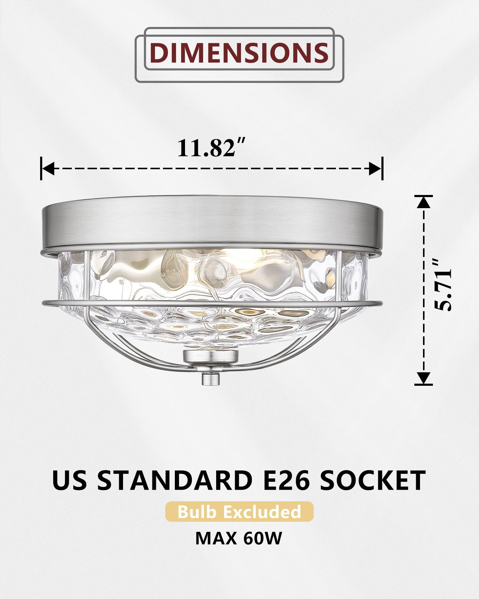 Modern Flush Mount Ceiling Light, Hwh 2-Light 12 Inch Brushed Nickel Close To Ceiling Light Fixtures With Water Ripple Hammered