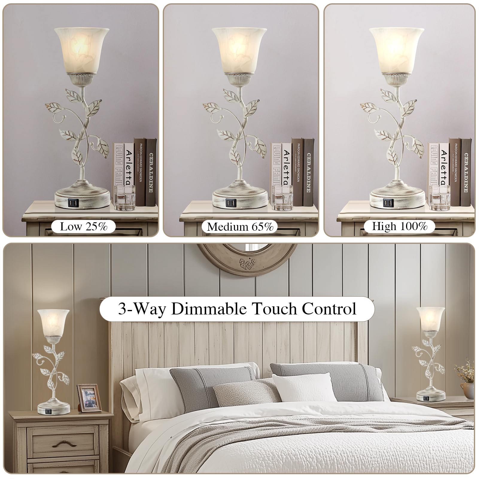 Roriano Set Of 2 Rustic Touch Table Lamps For Bedroom, 3-Way Dimmable Nightstand Flower Lamp With 2 Usb Ports, Retro White Glass