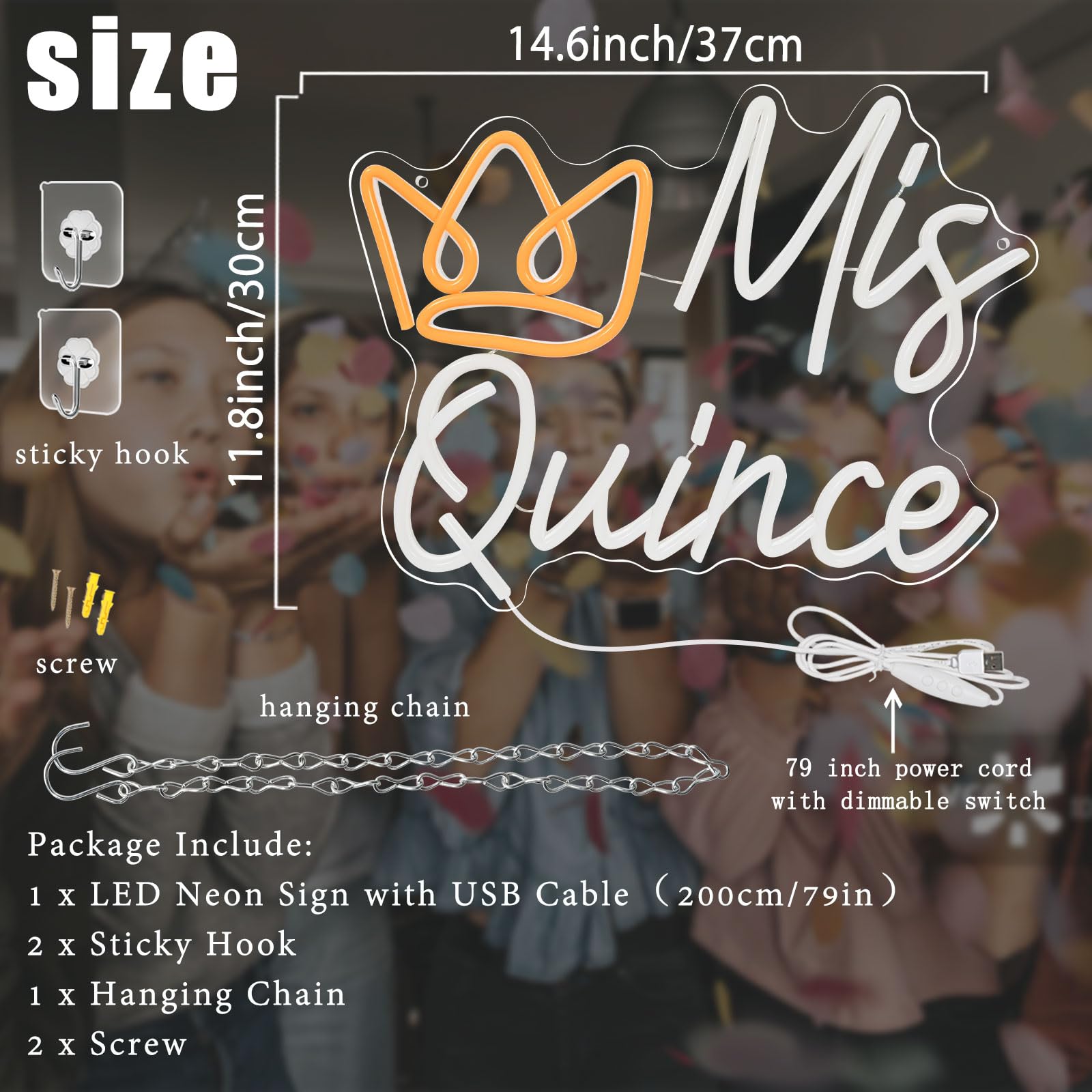 Nen Sign Mis Quince Neon Sign, LED Light with Crown, Dimmable, Plastic, Model NHD2023080701, Ideal for 15th Birthday Party Decor