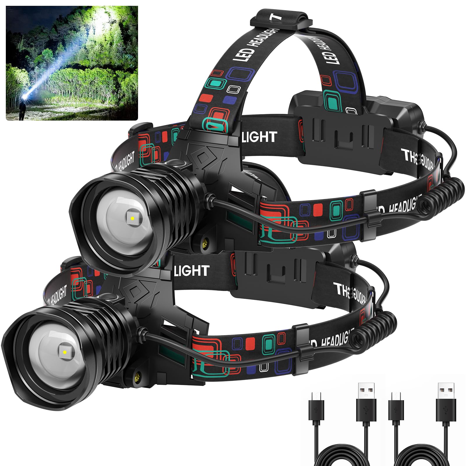 azamine Rechargeable Headlamp 99000 Lumens, 3 Modes, IPX6 Waterproof, Adjustable, Black, Model P70-3, 2-Pack