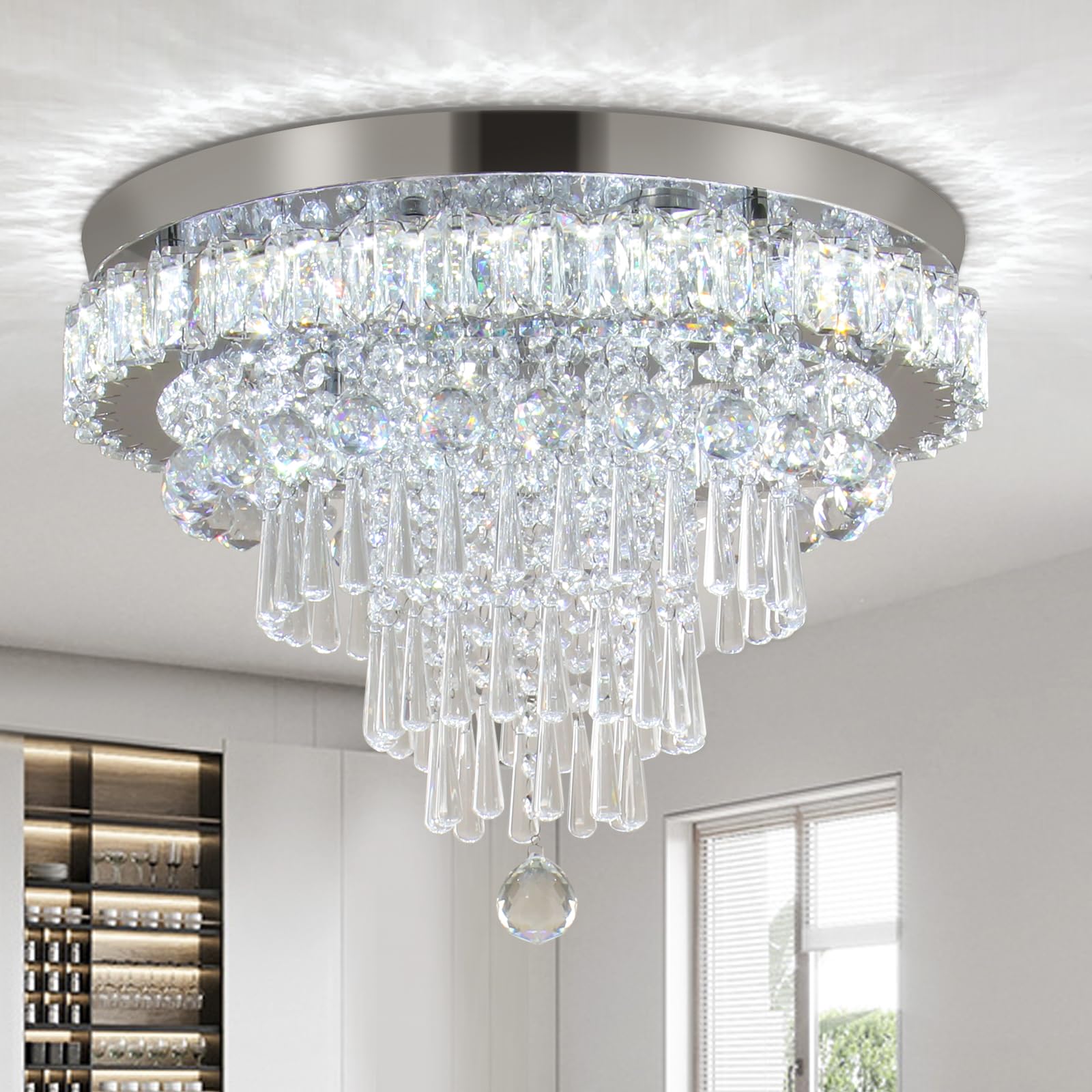 FRIXCHUR Modern Crystal Chandelier Ceiling Light LED Flush Mount 19.7in Warm White Metal MC096