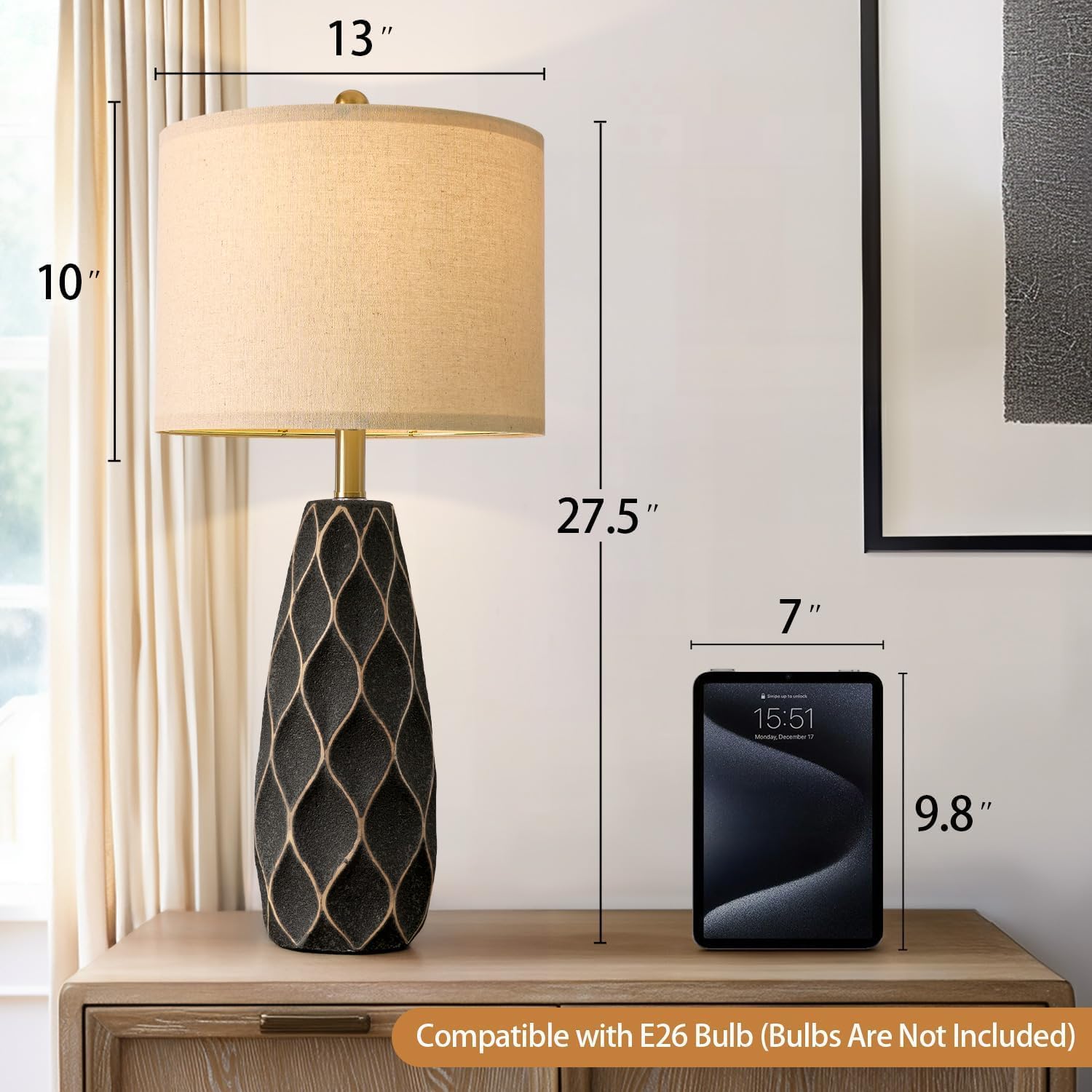 Portres 27.5 Ceramic Table Lamps For Bedroom Living Room Lamps Set Of 2 Modern Bedside Nightstand Lamp Farmhouse Vintage Rustic Boho Retro Large Table Lamps Light Home Office Desk Deco Gifts  Black