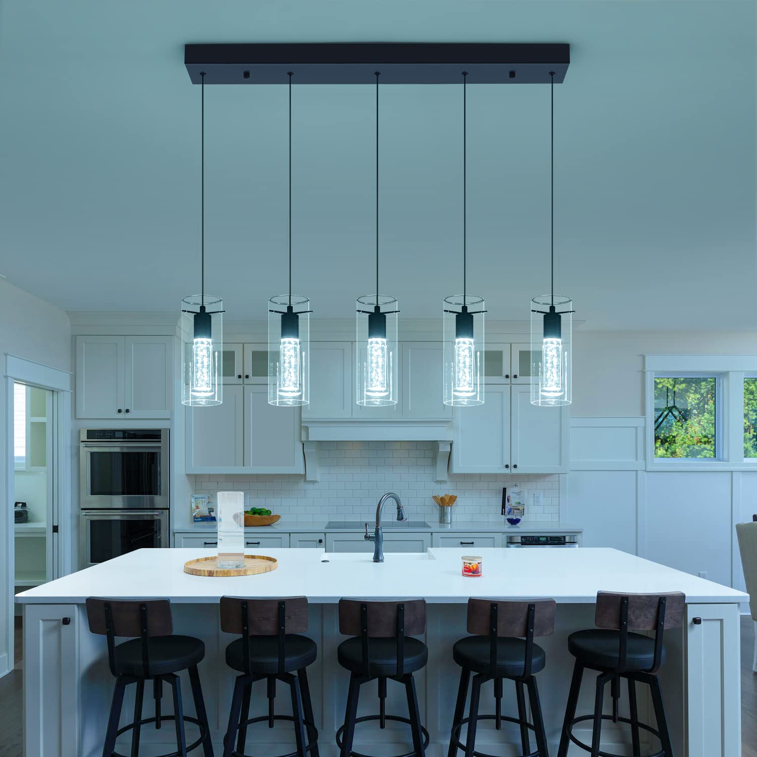 BESTWEST Black Pendant Light Fixture, 5-Light Dimmable Modern Chandelier, Glass, BW-03, Sand Black