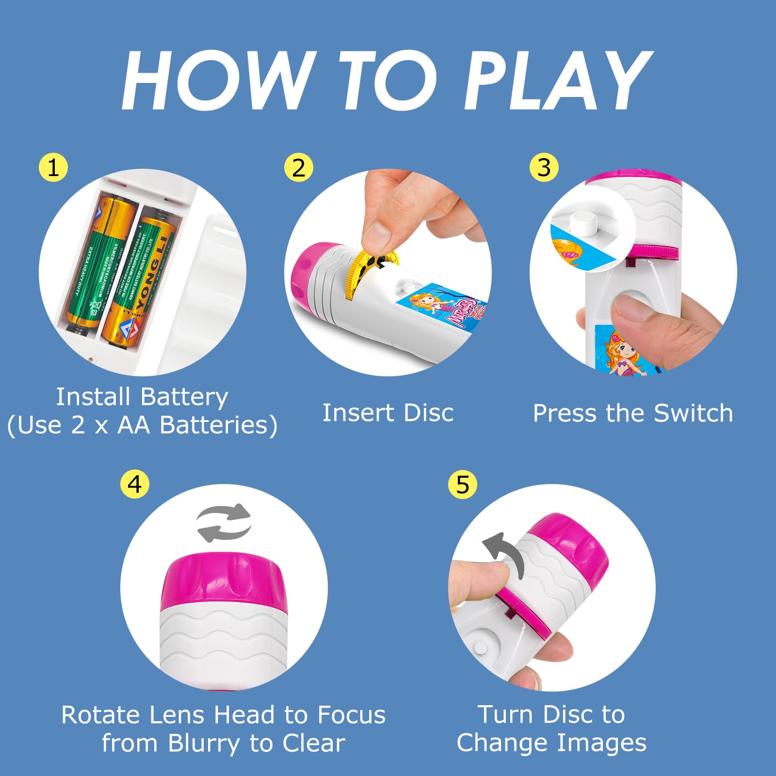 Pup Go Mermaid Torch And Projector With 3 Discs 24 Images, Pink Torches Toys For Girl Age 3 4 5 6 7 Year Old Kids, Fairy Gifts For Girls, Projector Night Light For Children Toddler(Mermaid)