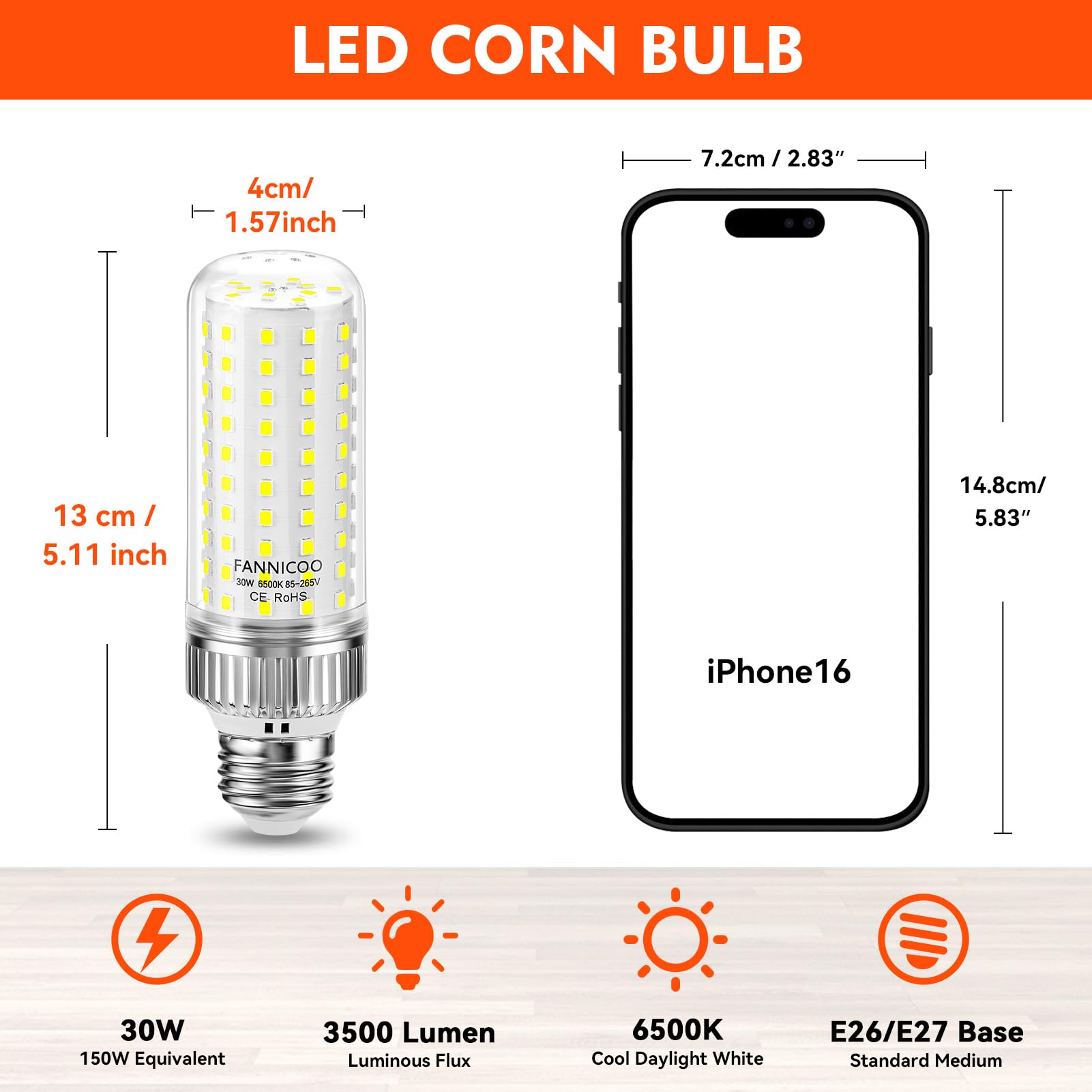 FanNicoo LED Light Bulbs 250W Equivalent, 3750LM, 6500K Daylight White, 30W E26/E27 Base, 3 Pack for Indoor/
