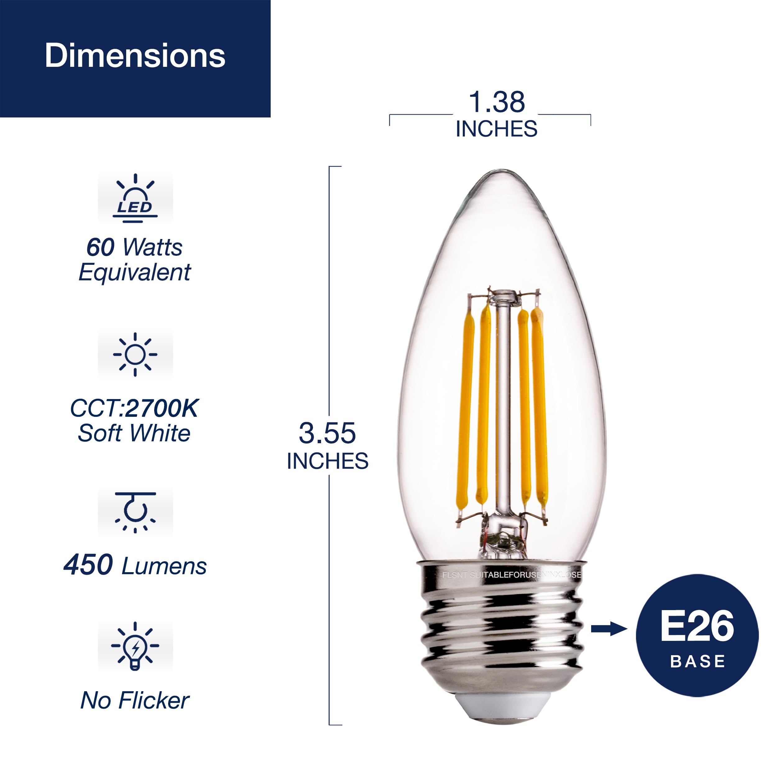 Flsnt Dimmable Candelabra Light Bulbs 60W Equivalent E26 Base, B11 Led Chandelier Candle, 2700K Soft White, 6 Pack