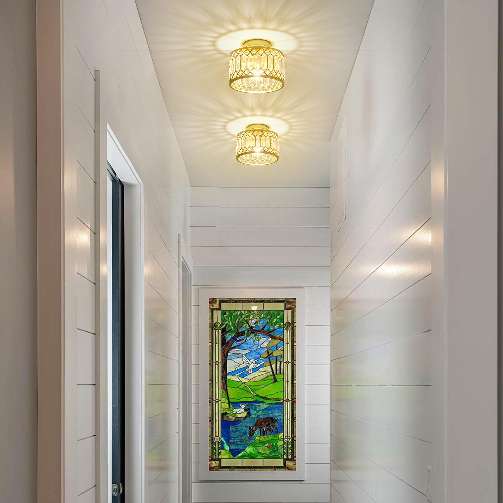 Rpzloila Crystal Ceiling Light, Modern Semi Flush Mount Ceiling Light, Gold Crystal Chandelier For Kitchen Bedroom Bathroom Entr