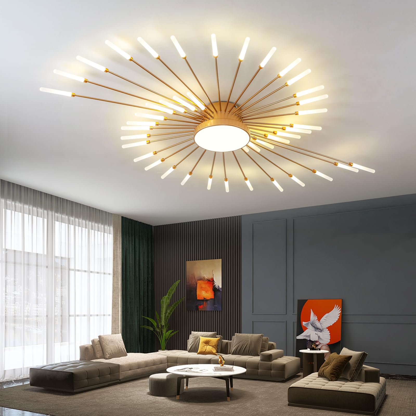 Jaymp Ceiling Light Modern Flower Shape Ceiling Lamp For Living Room Dining Room Flush Mount Metal Acrylic Sputnik Firework Petal Led Lighting Fixture (Matte Gold, 42+1 Lights)