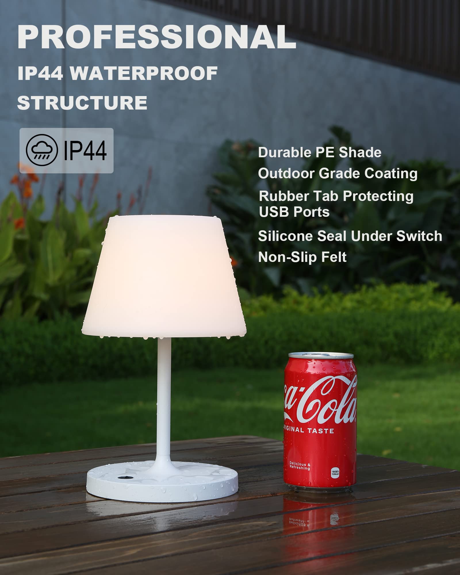 WEILAILUX Outdoor Table Lamp, Waterproof Cordless LED, Touch Dimmable, 9.6in White, Rechargeable, Model WL-3664